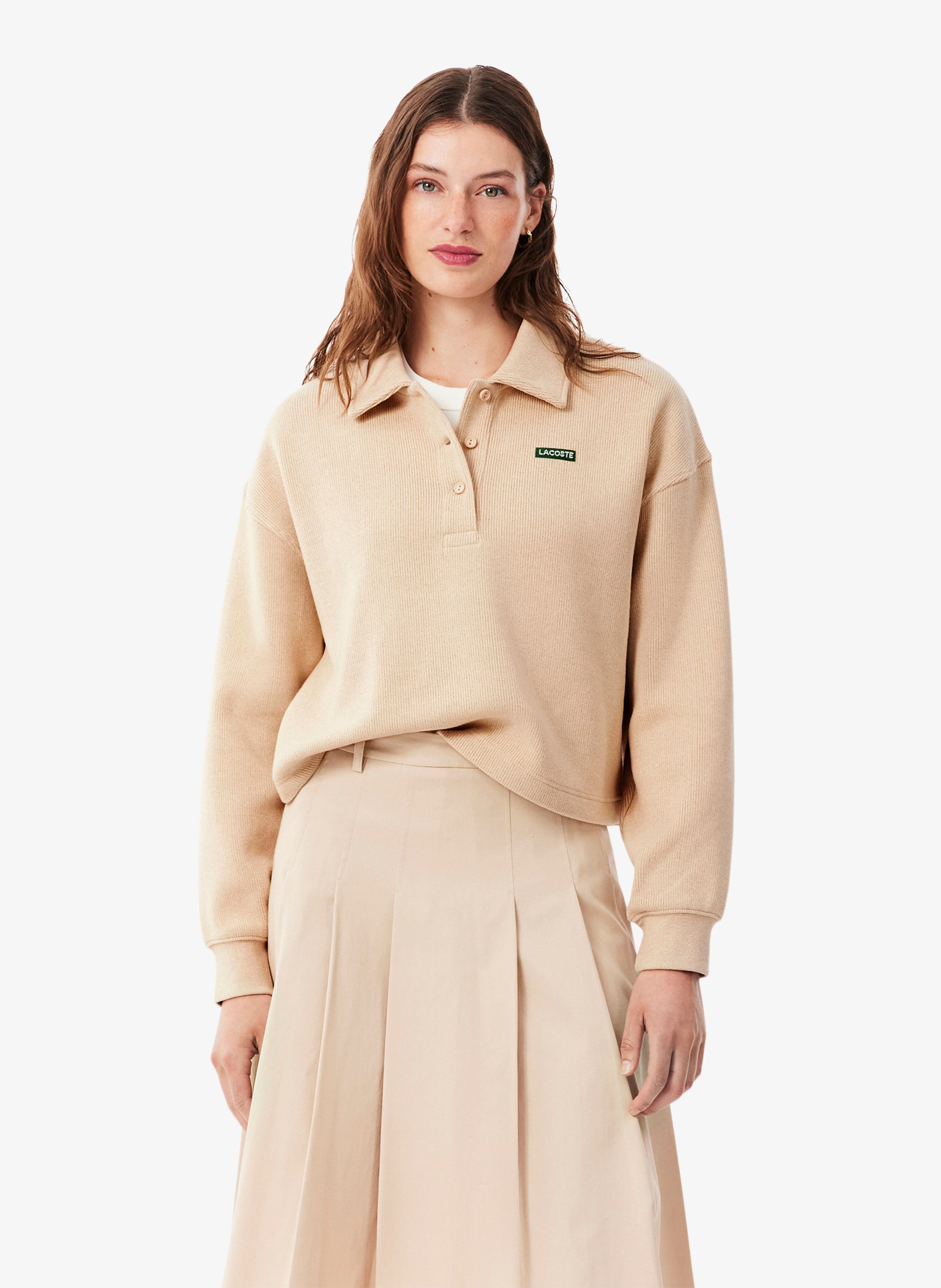 Oversized sweatshirt with ribbed polo collar in blended cotton LACOSTE Beige