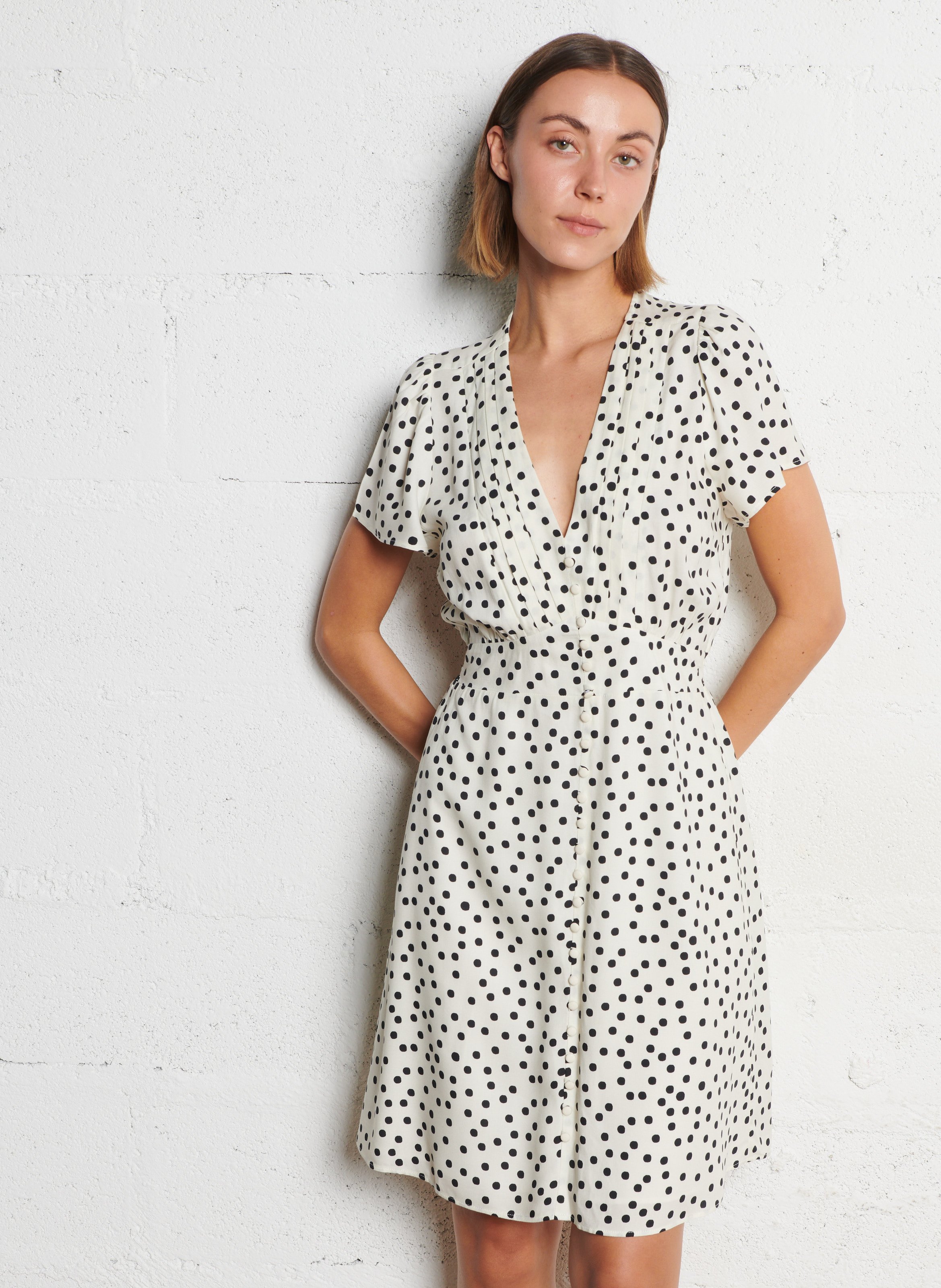 Short polka dot V-neck dress IKKS White