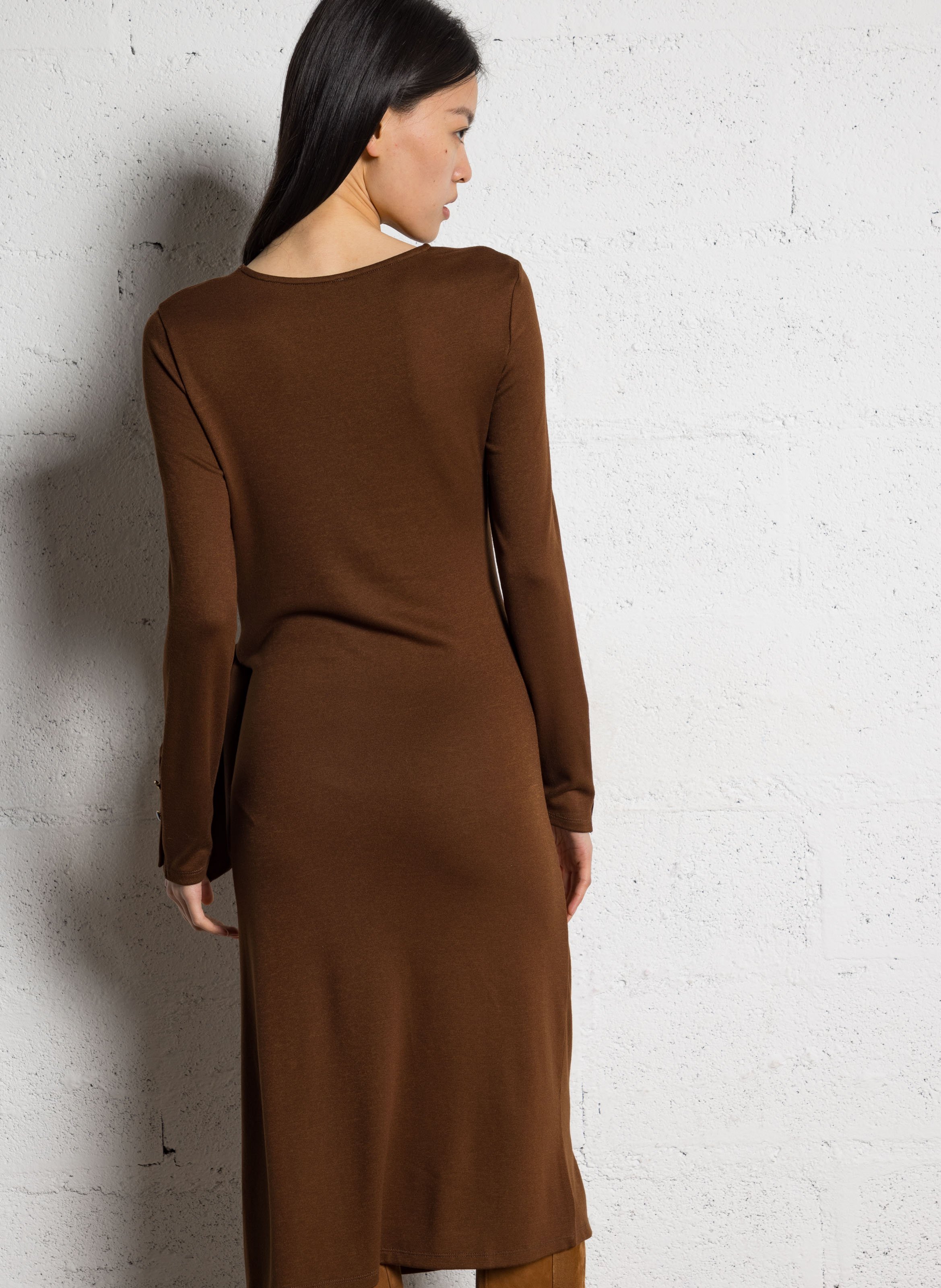 Solid color draped waist slit midi dress I CODE Brown