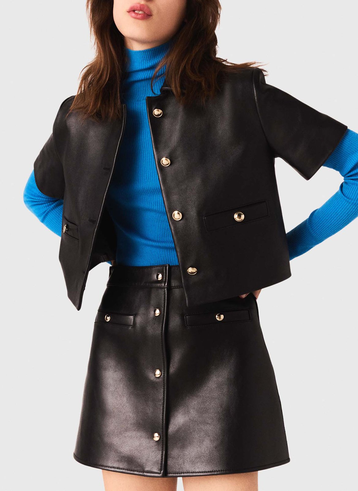 Veste droite en cuir MAJE Noir