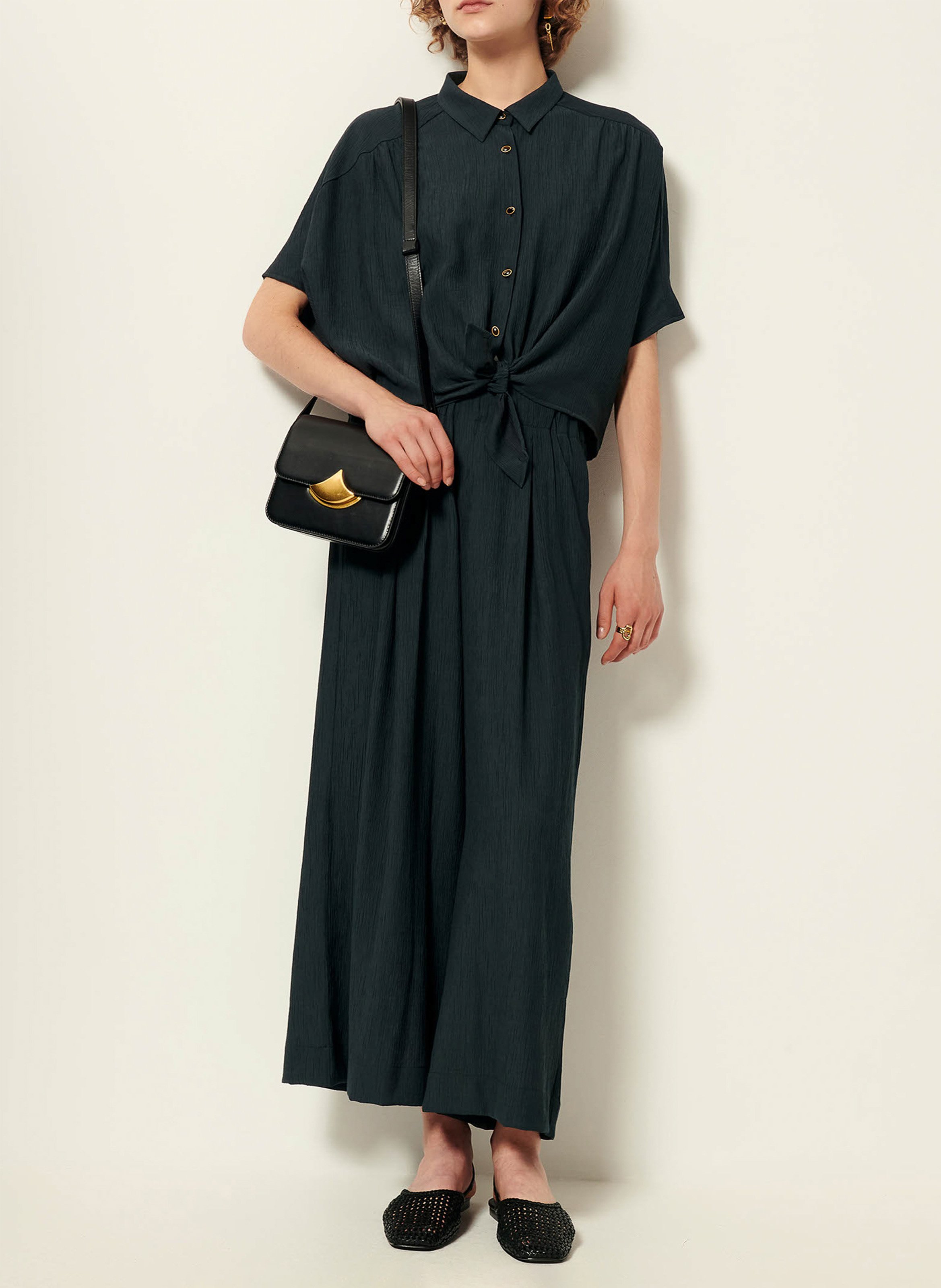 Weite Bindebluse aus Leinengewebe in Antik-Optik SESSUN Grun