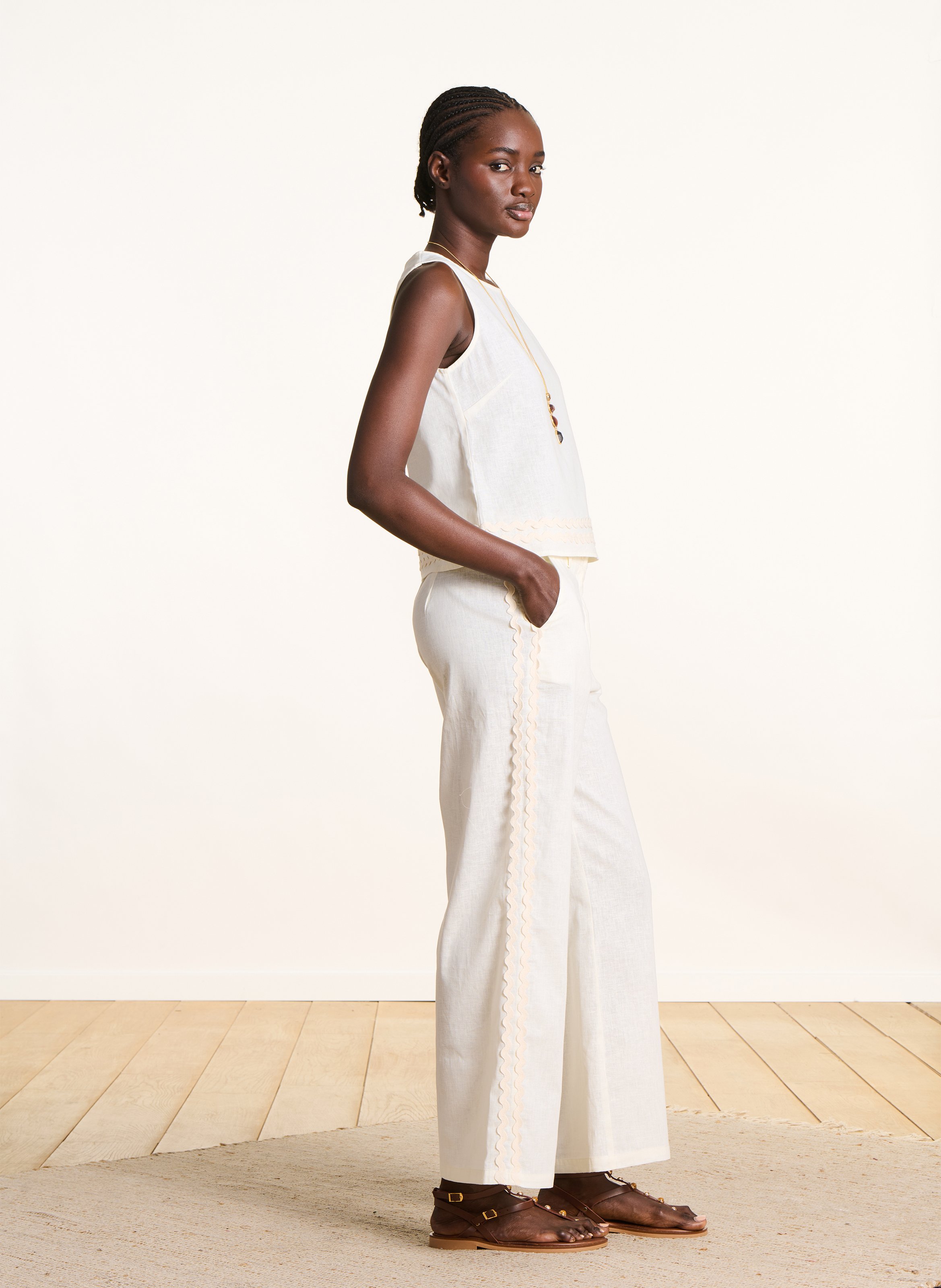 Broek met wijde pijpen van katoen en linnen LA FEE MARABOUTEE Wit