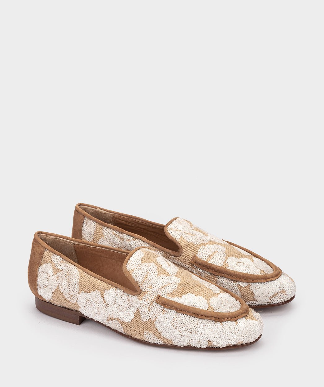 Leather and fabric moccasins with white sequins. PEDRO MIRALLES Brown
