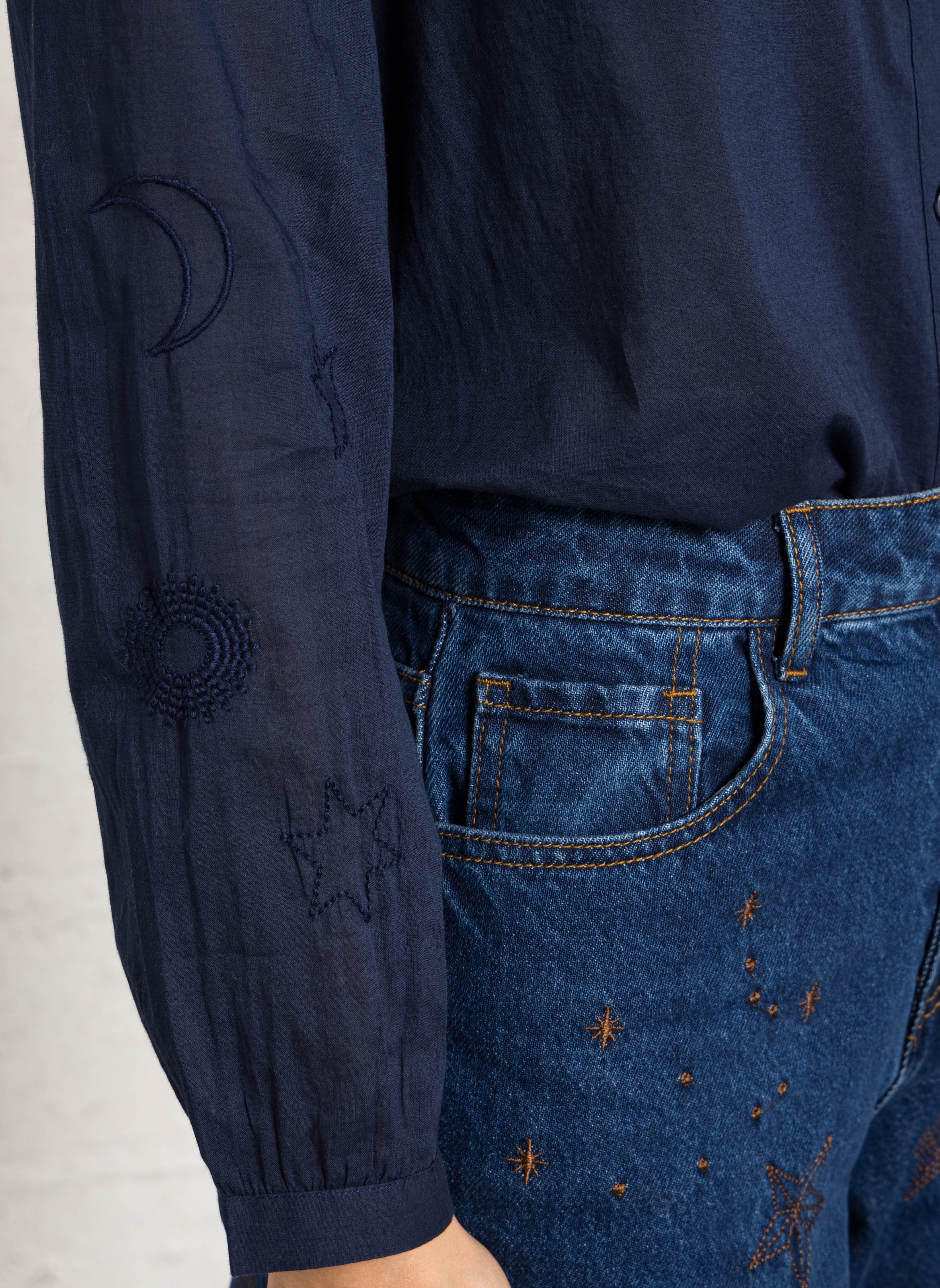 Embroidered cotton tunic collar blouse LA PETITE ETOILE Blue