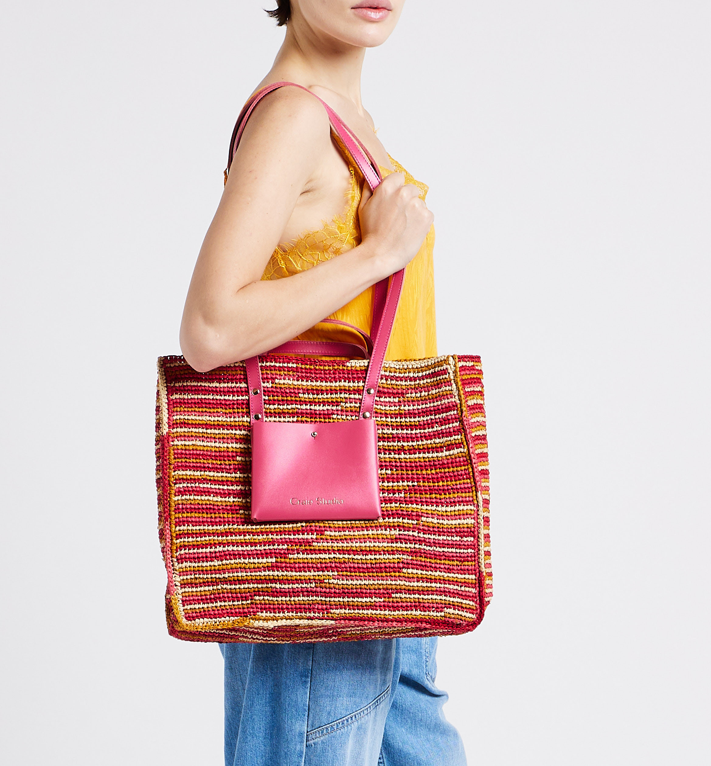 Sac cabas en raphia et cuir CRAIE STUDIO Rose