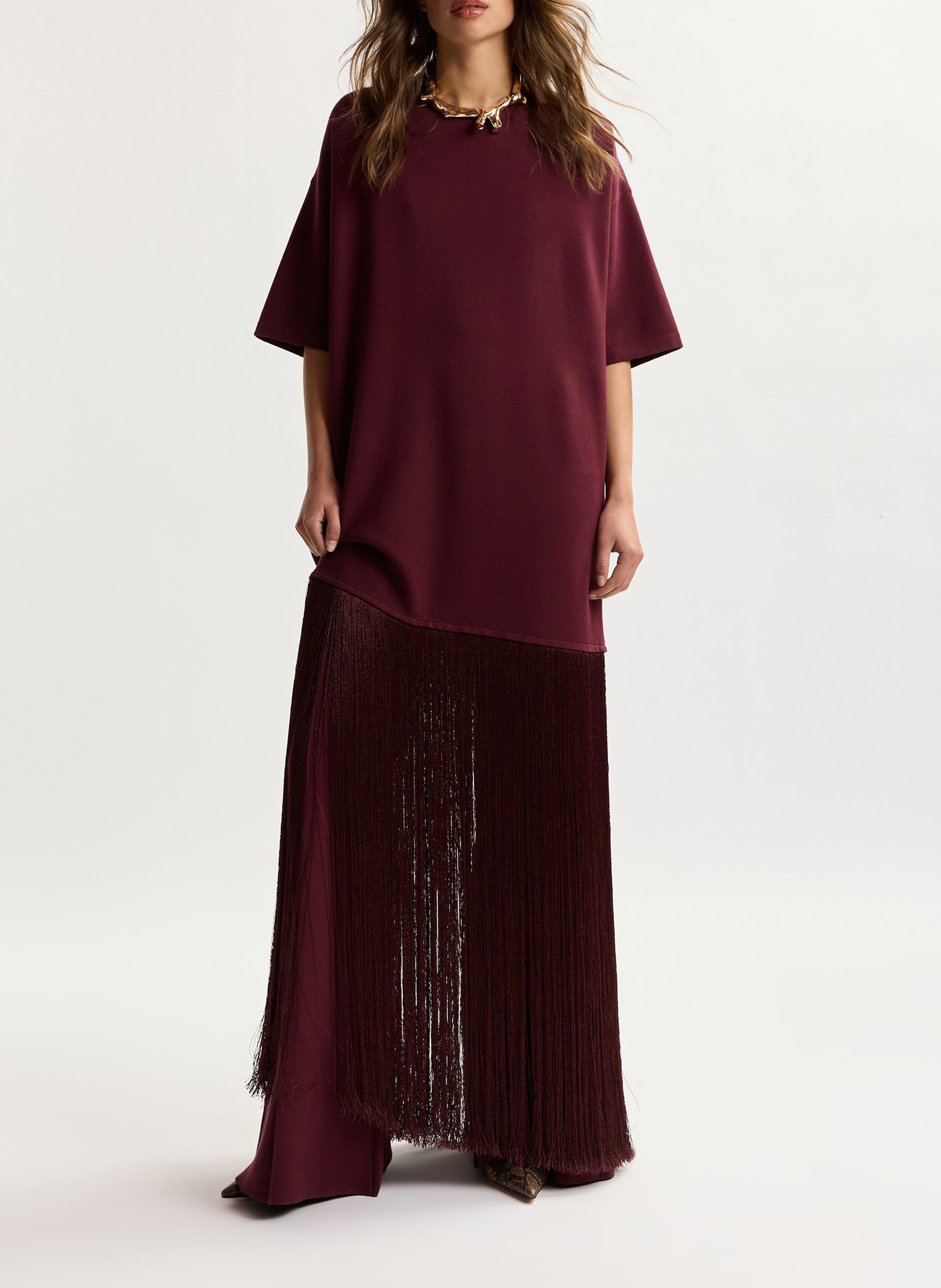 Kurzes Fransenkleid mit Rundhalsausschnitt ESSENTIEL ANTWERP Rot