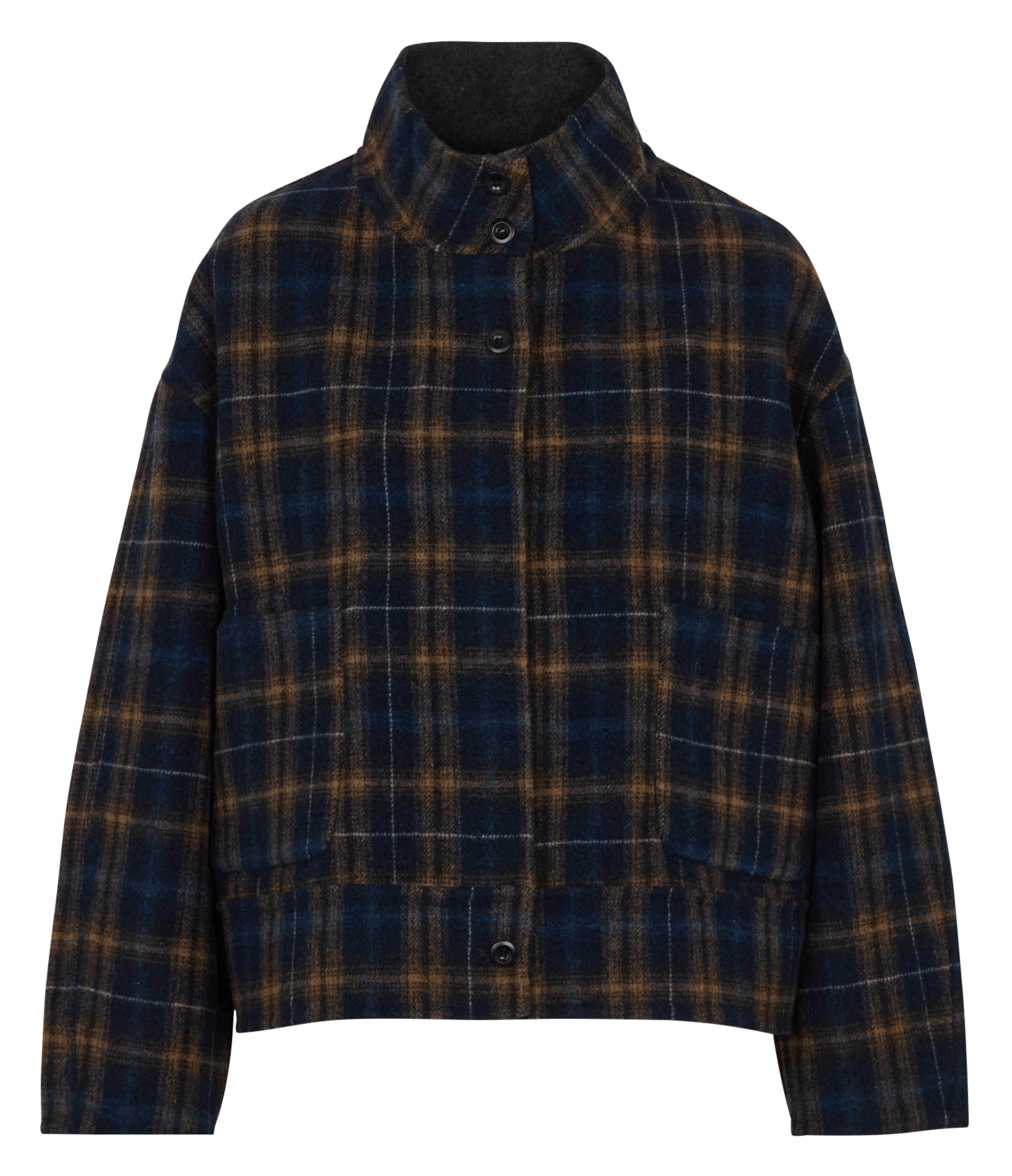 Gerade geschnittene Jacke mit Stehkragen aus kariertem Wollmischgewebe SEE U SOON Blau