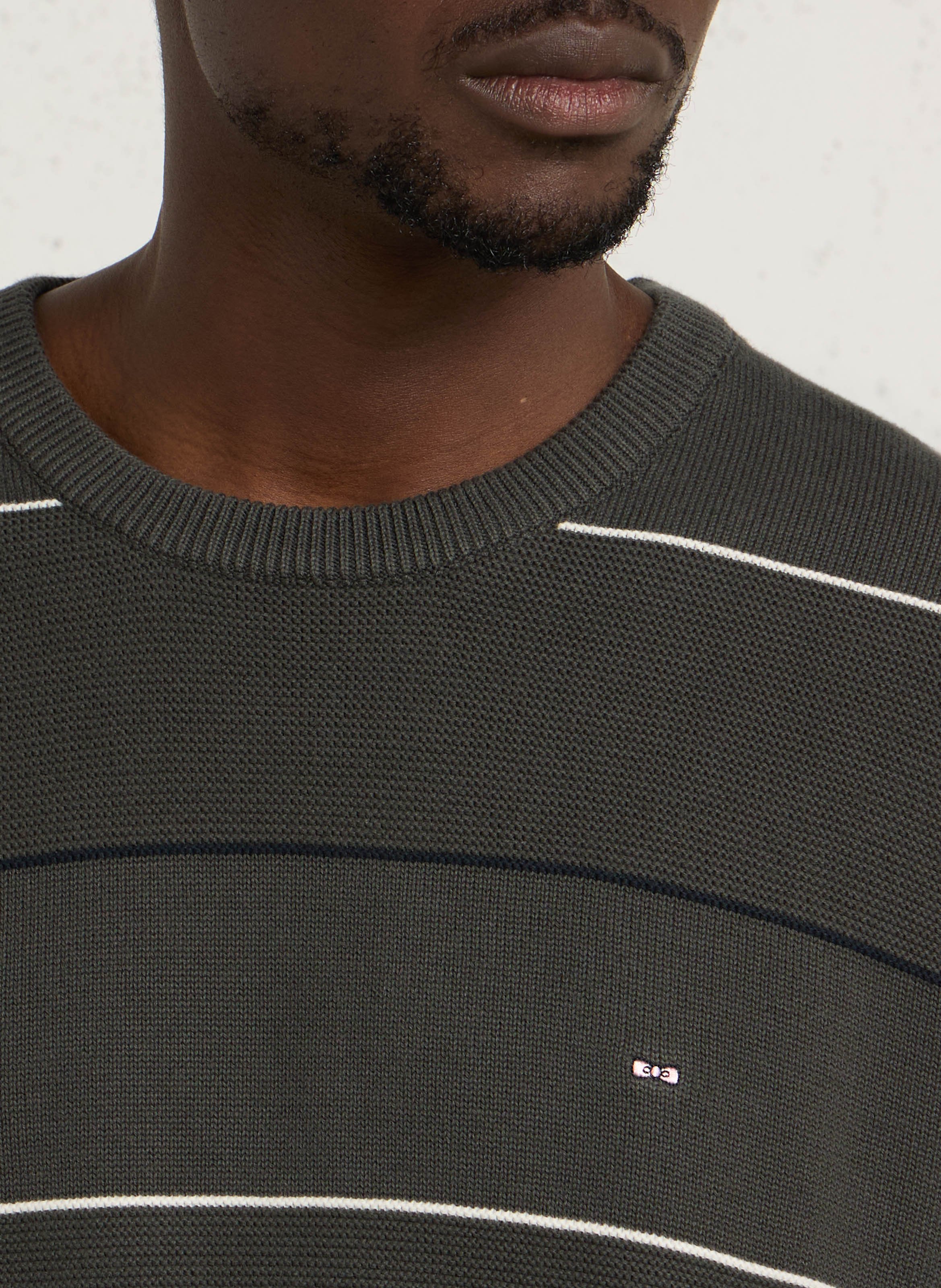 Pull droit col rond rayé en coton EDEN PARK Kaki
