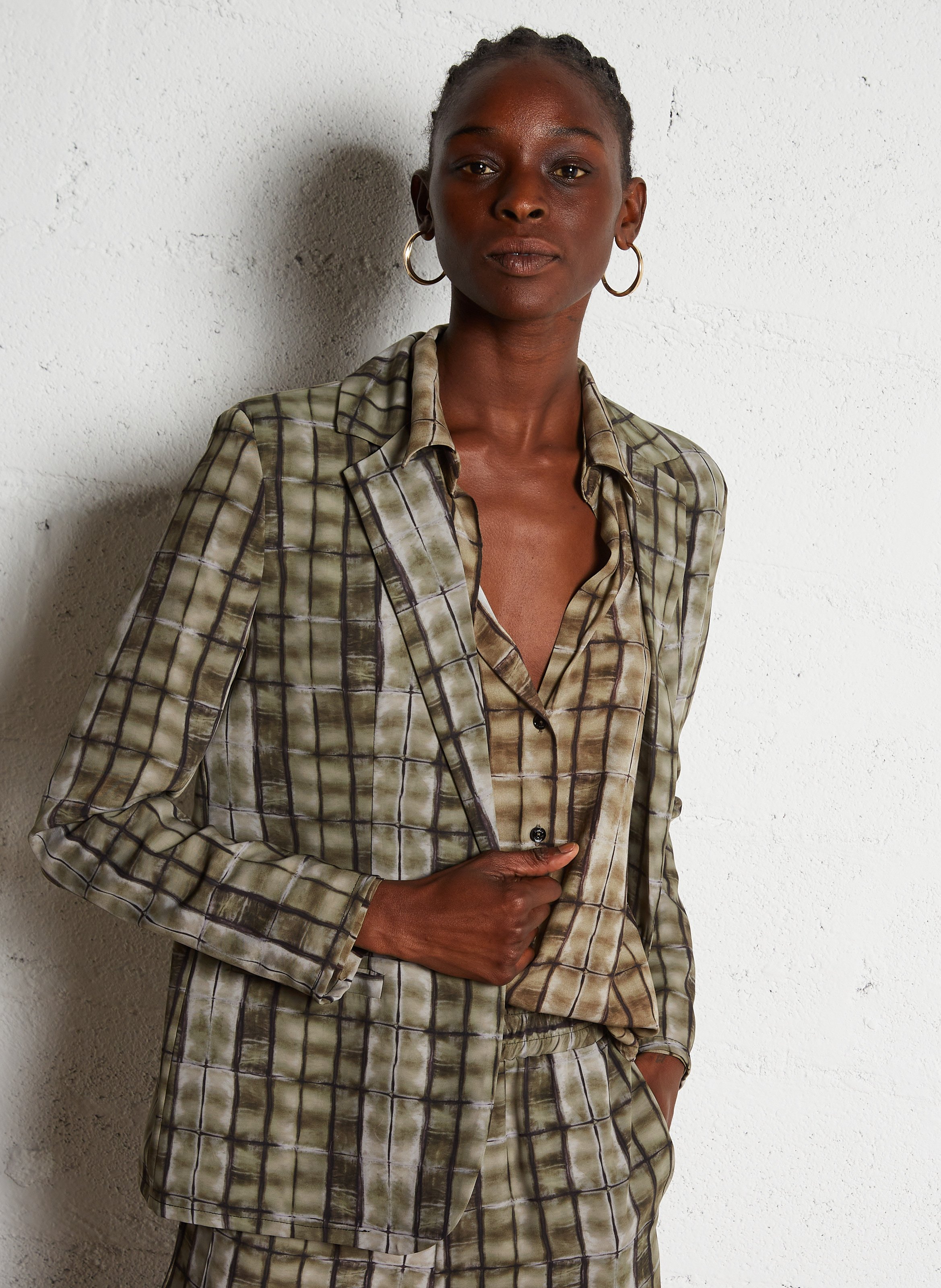 Straight-cut tailored blazer with print PLEASE Green