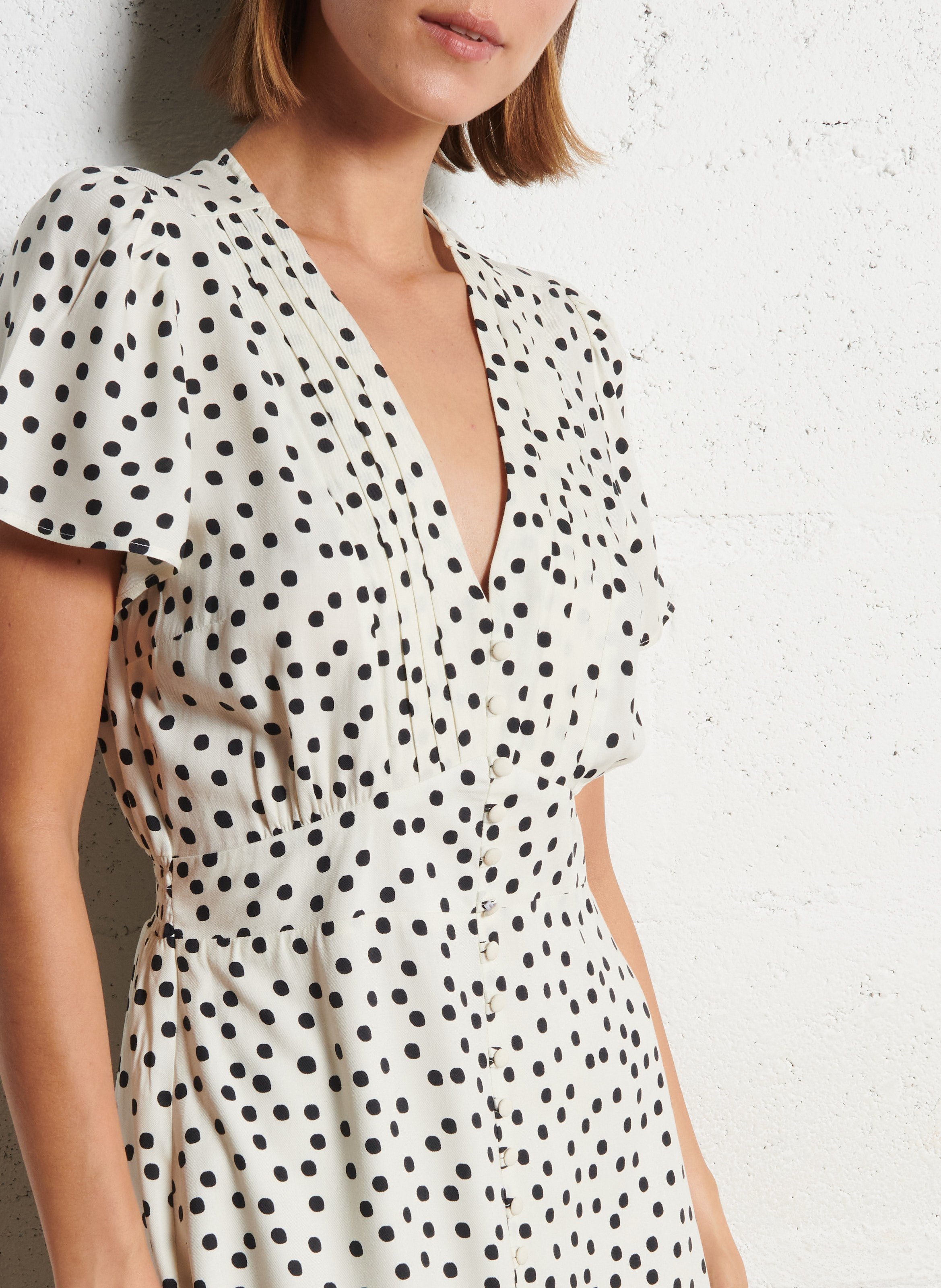 Short polka dot V-neck dress IKKS White