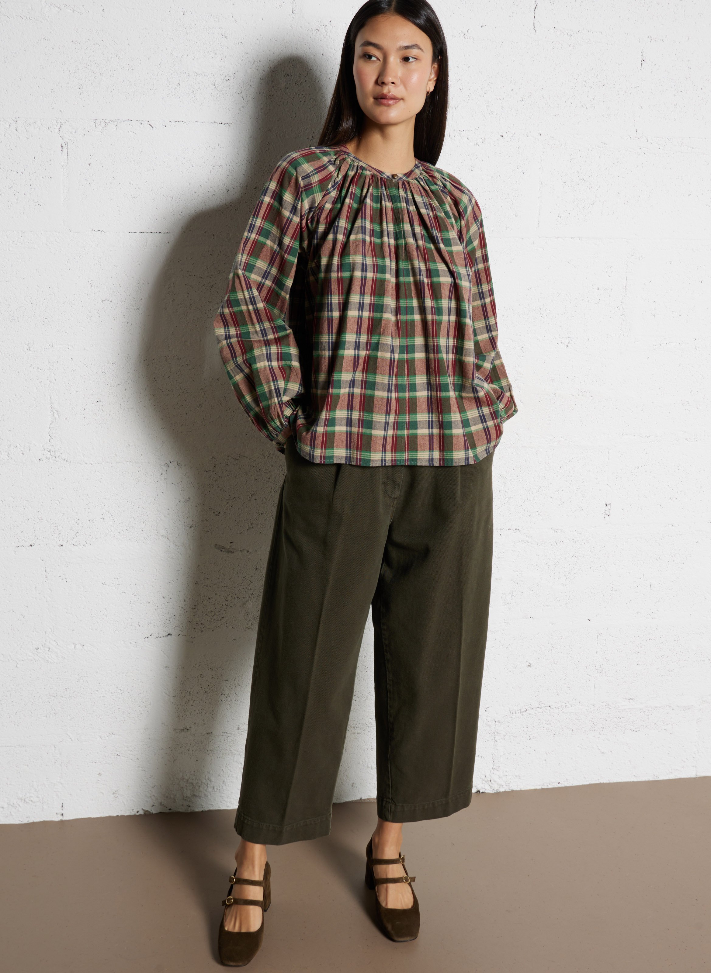 Checked round neck blouse BELLEPIECE Purple