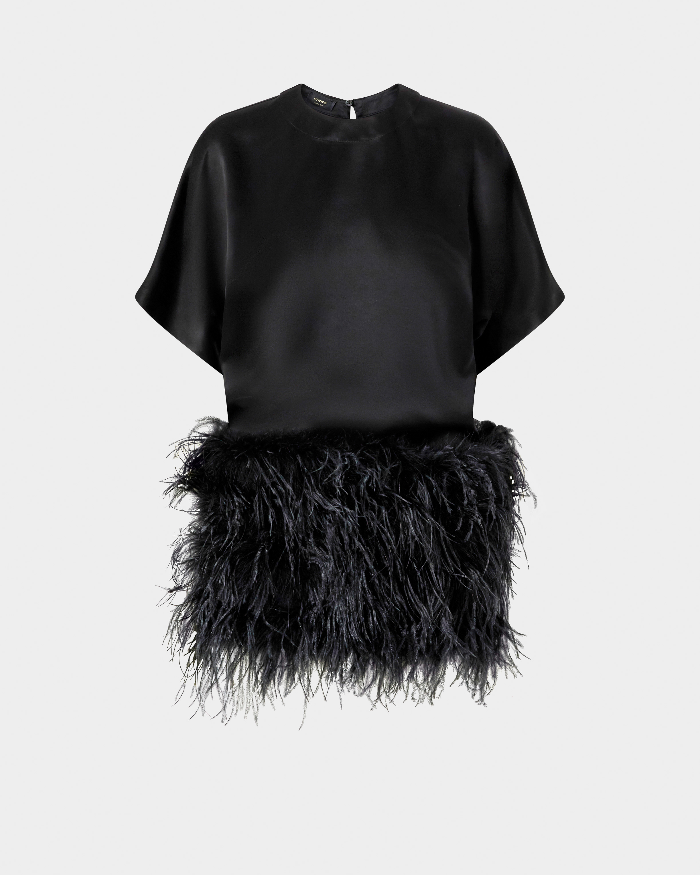 Shiny satin evening dress with feathers PINKO Black