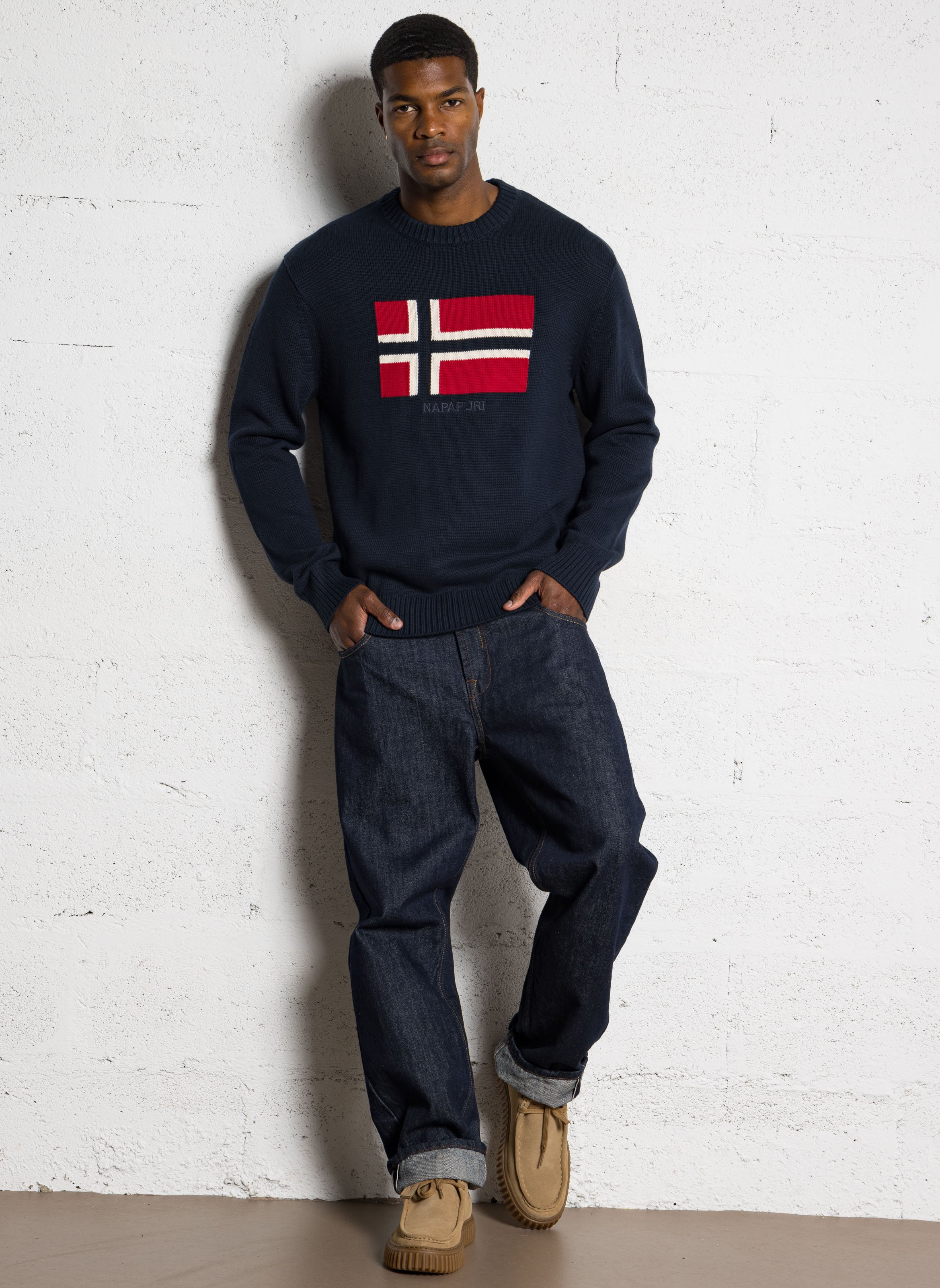 Pull ample col rond jacquard en coton NAPAPIJRI Bleu