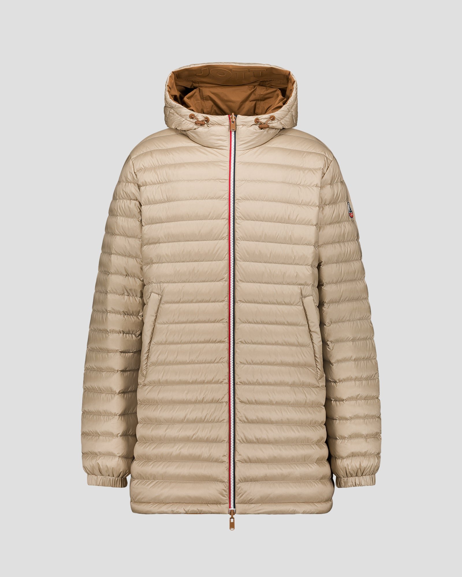 Reversible long jacket in brown sugar/beige. JOTT Brown