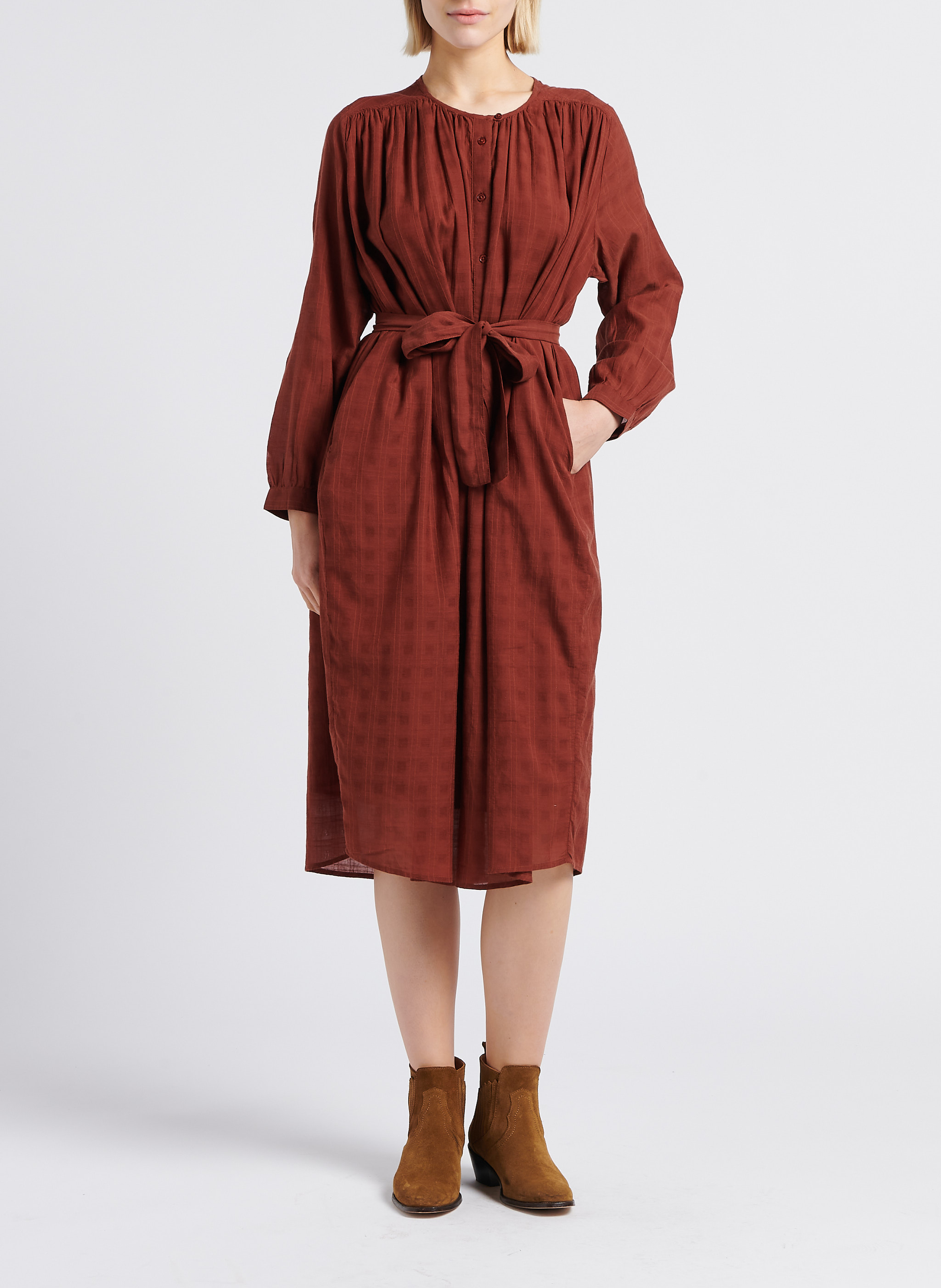 Robe mi-longue col rond en coton mélangé BELLEPIECE Marron