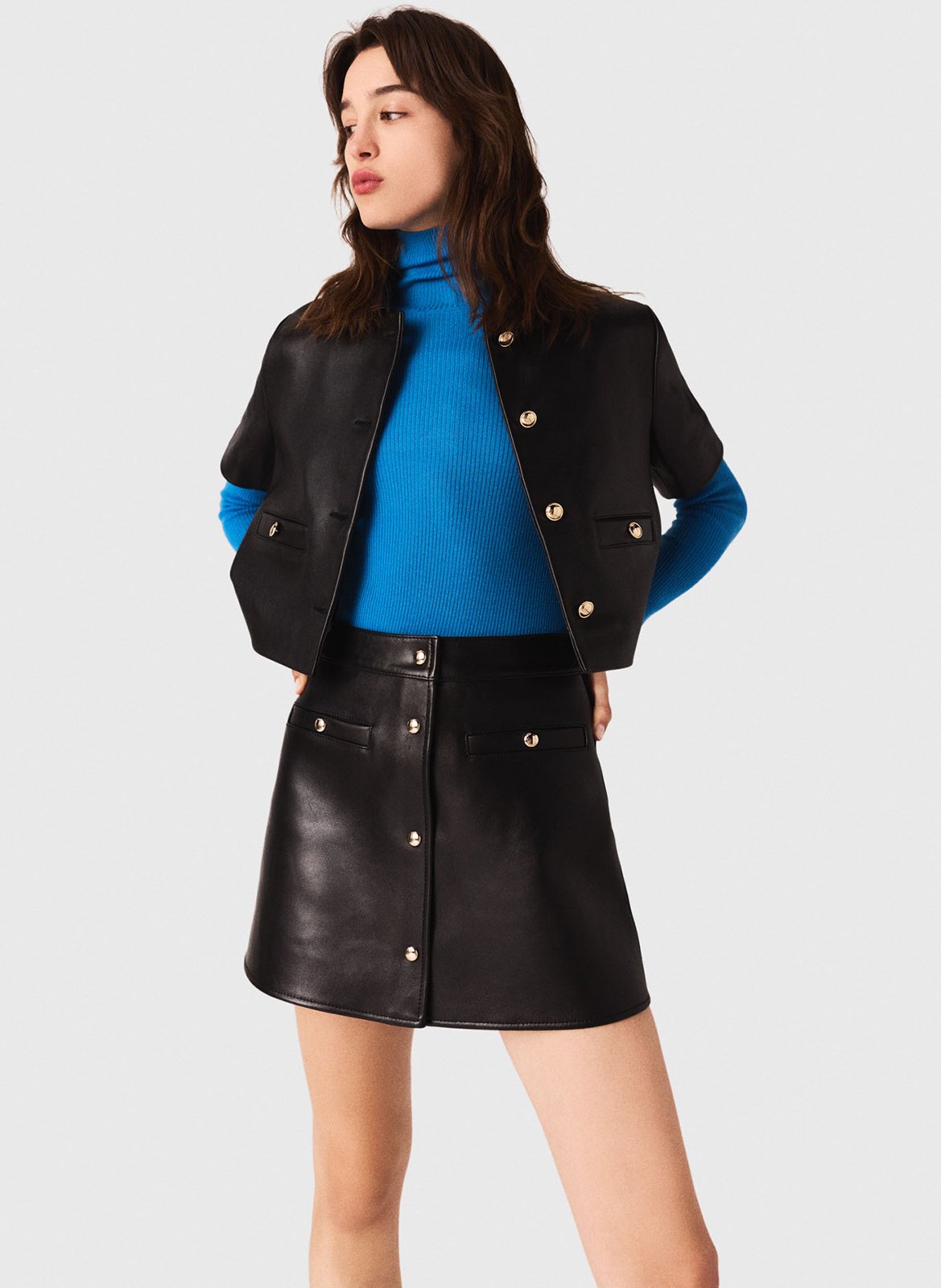 Veste droite en cuir MAJE Noir