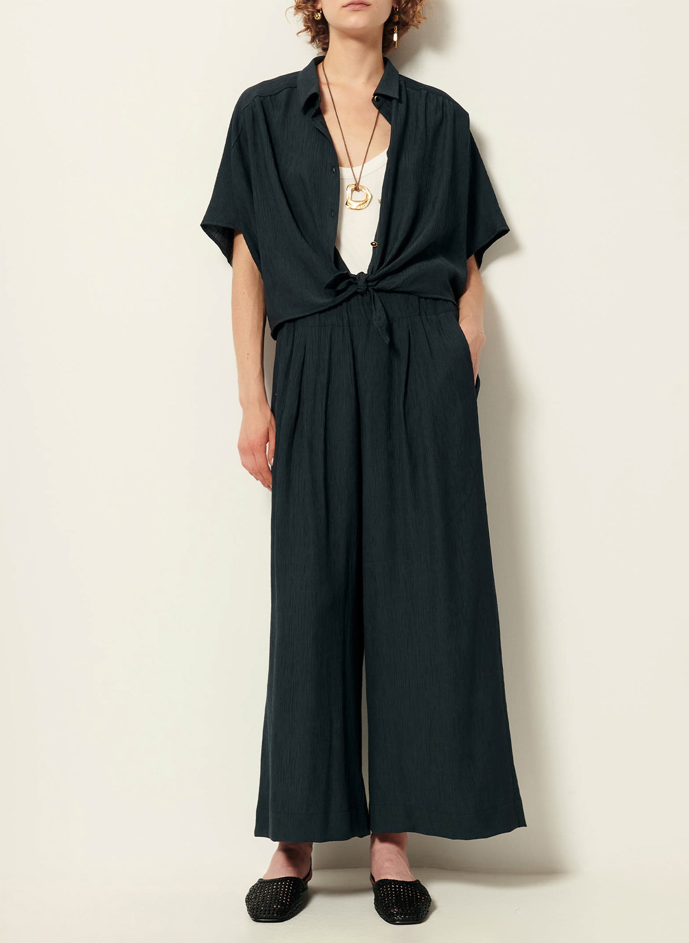 Weite Bindebluse aus Leinengewebe in Antik-Optik SESSUN Grun