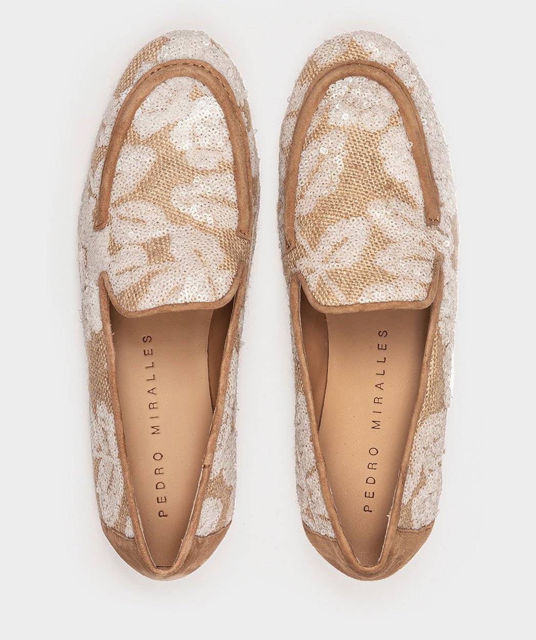 Leather and fabric moccasins with white sequins. PEDRO MIRALLES Brown