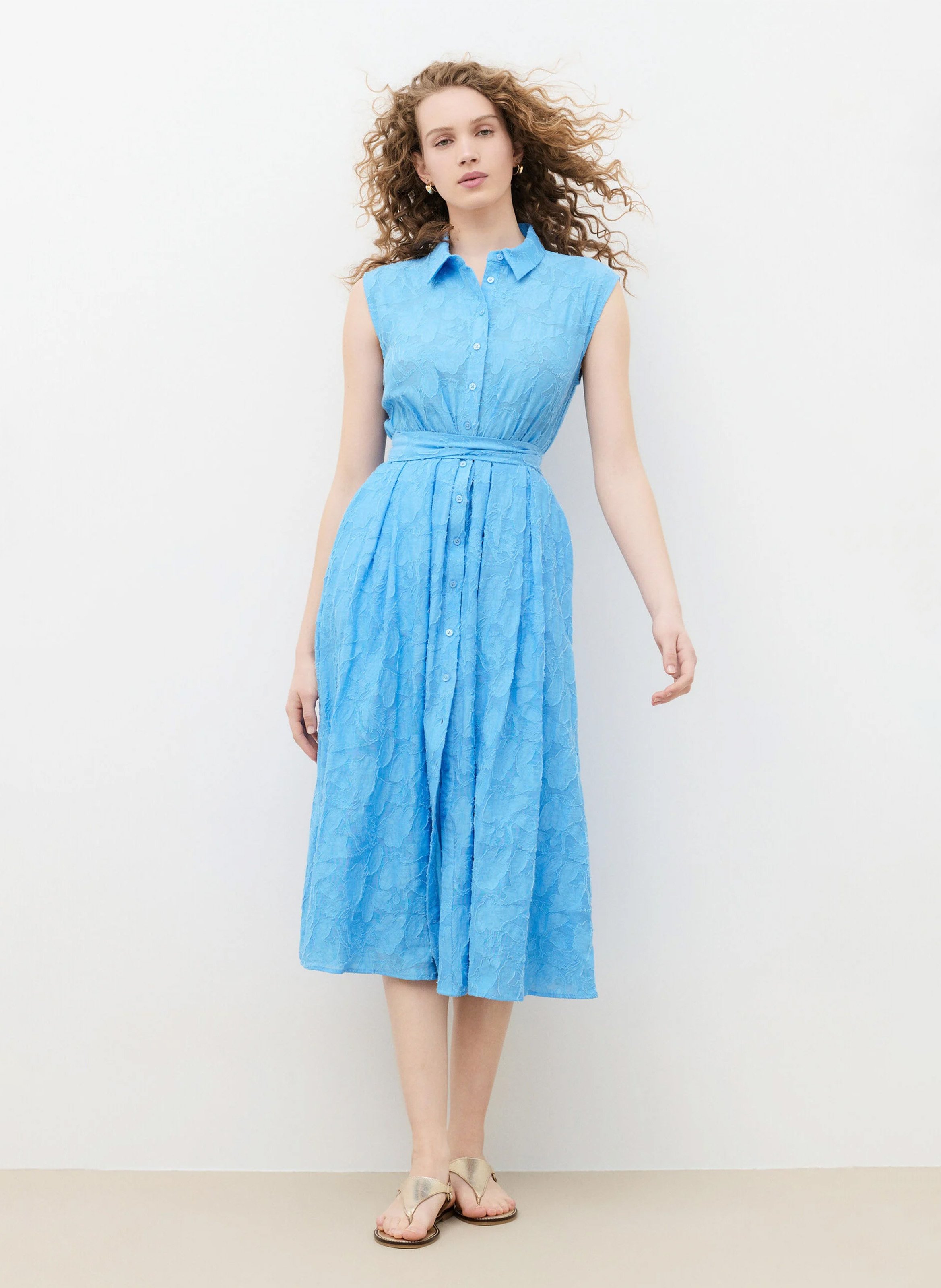 Robe midi ceinturée en coton mélangé CAROLL Bleu