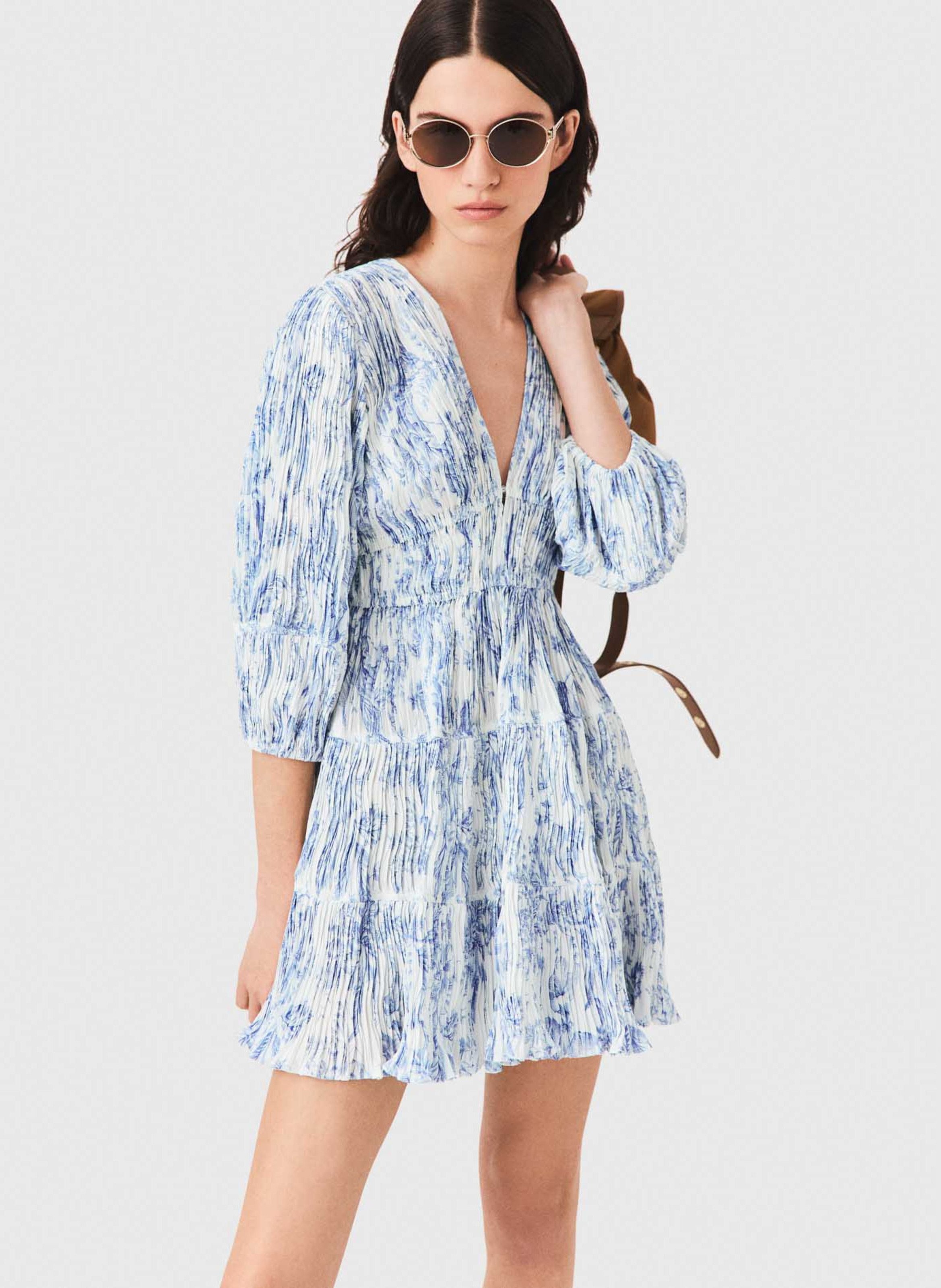 Robe courte col V imprimée MAJE Bleu