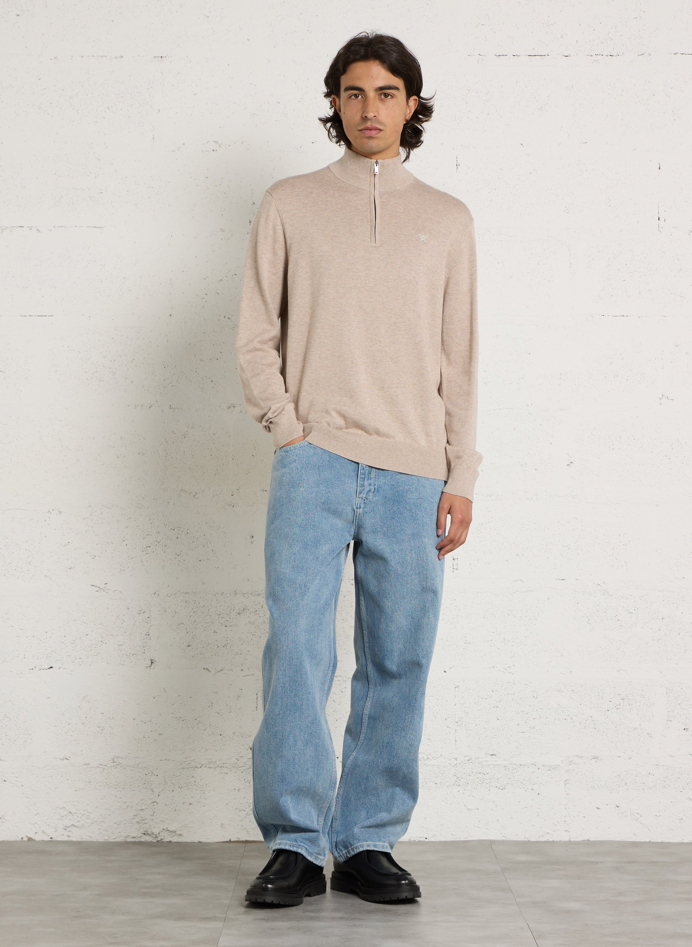 Solid color cotton high-neck zip-up sweater HACKETT Brown