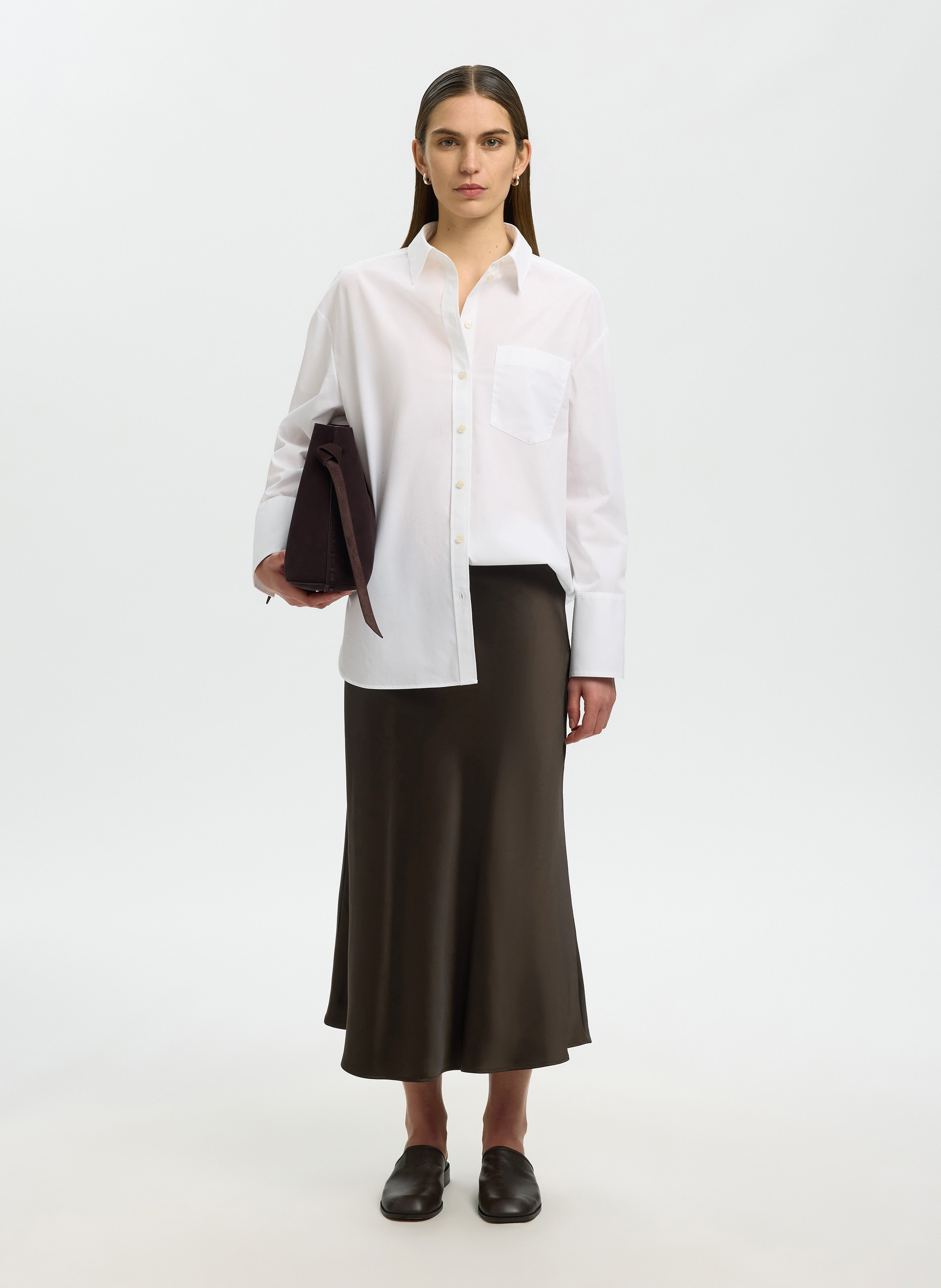 Jupe midi évasée en satin SELECTED Marron