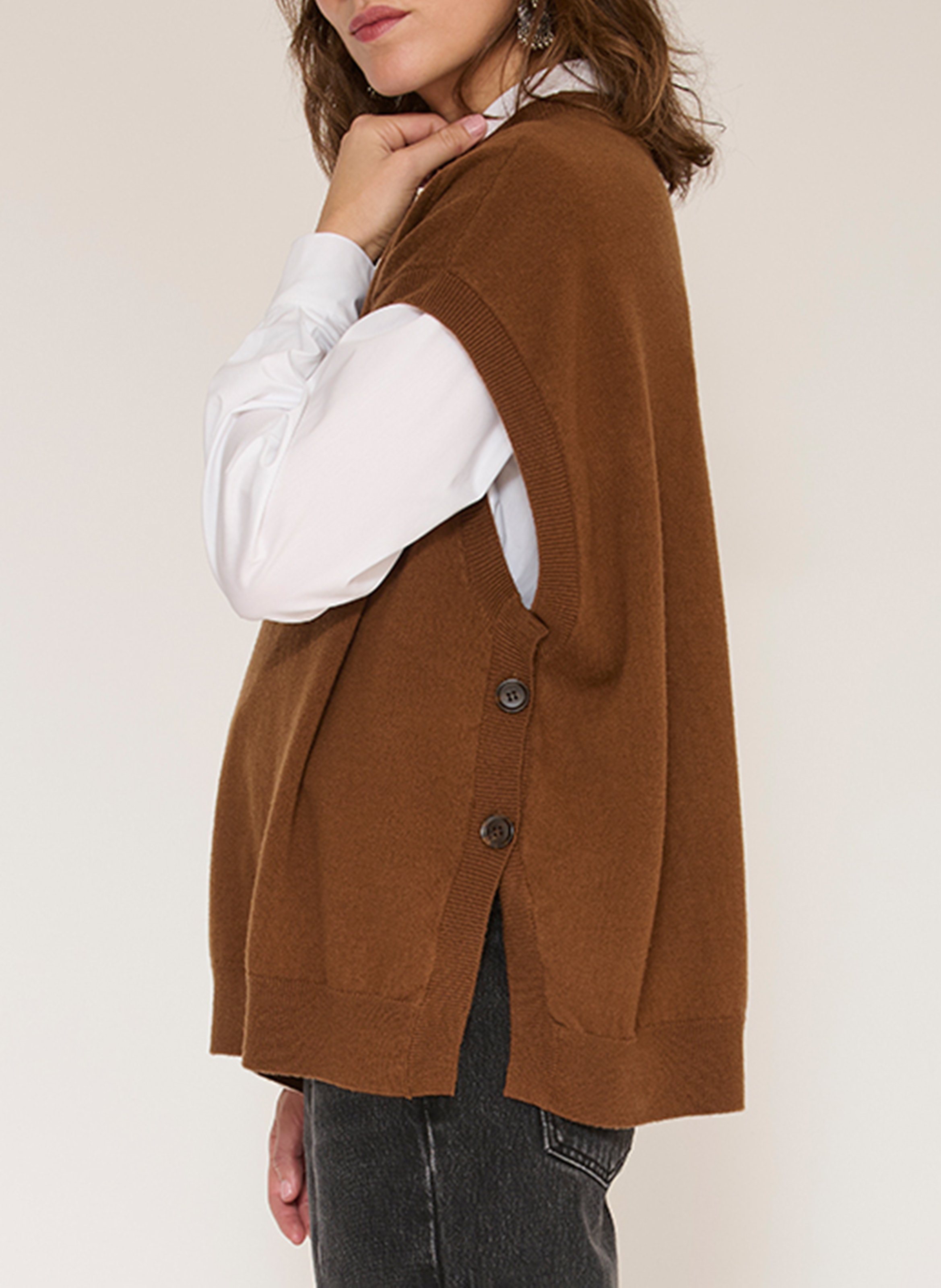 Pull ample sans manches en laine MKT Marron