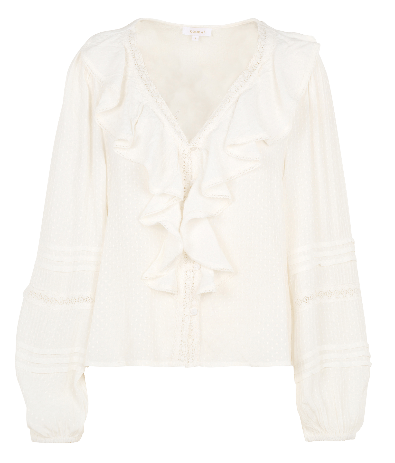 Straight-cut blouse with a ruffled V-neck KOOKAI White
