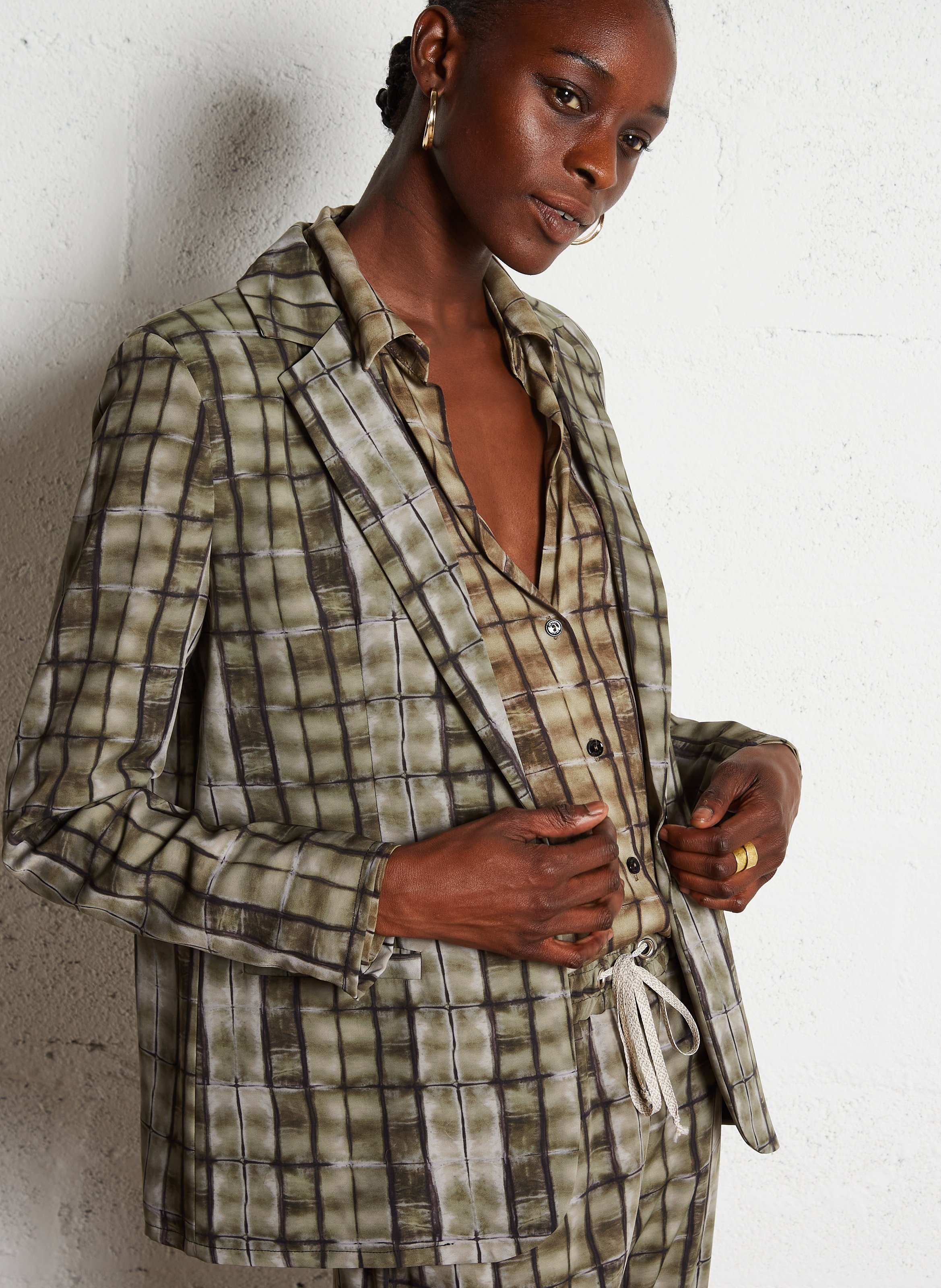 Straight-cut tailored blazer with print PLEASE Green