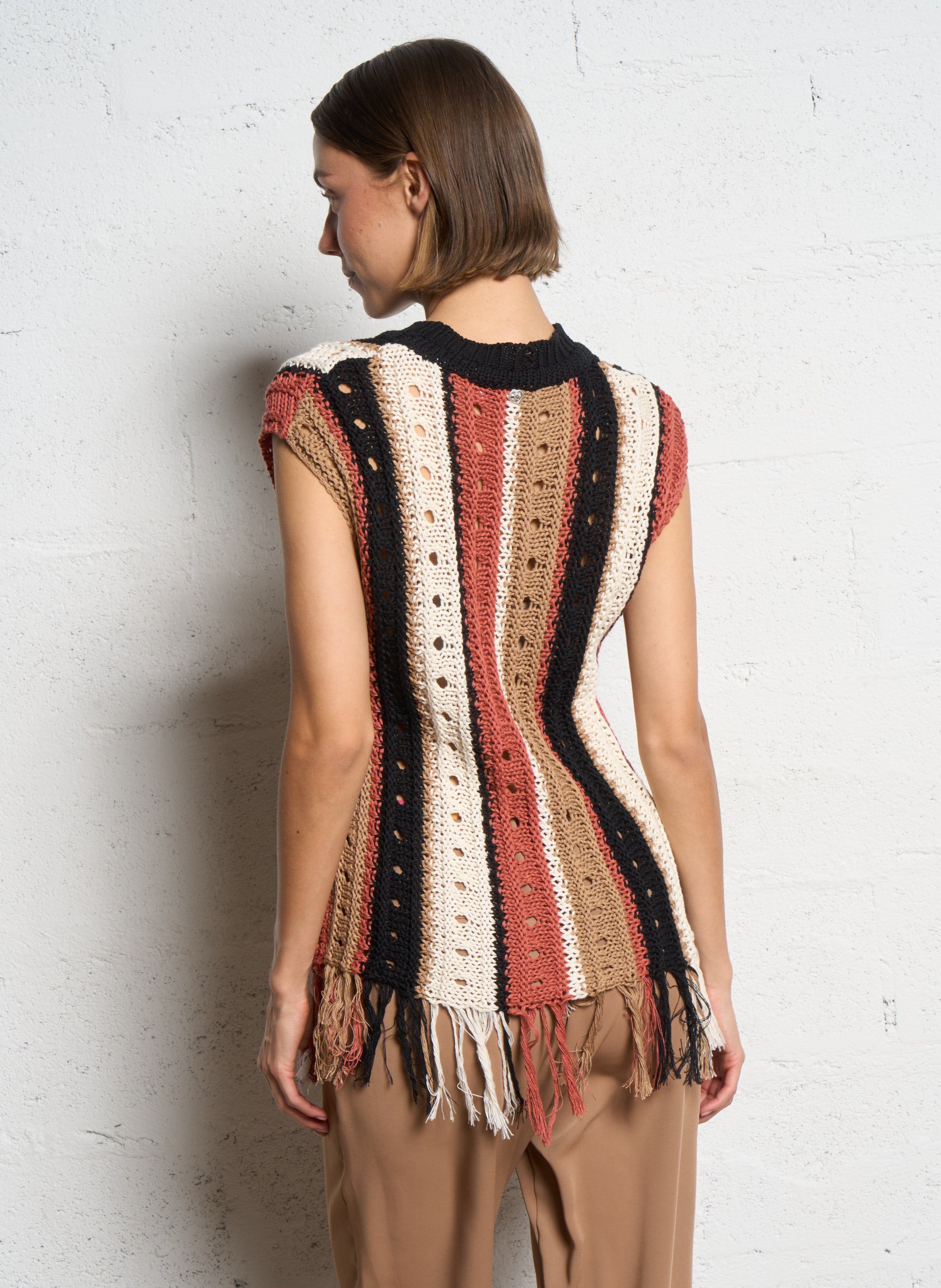 Pull sans manches rayé à franges Multicolore