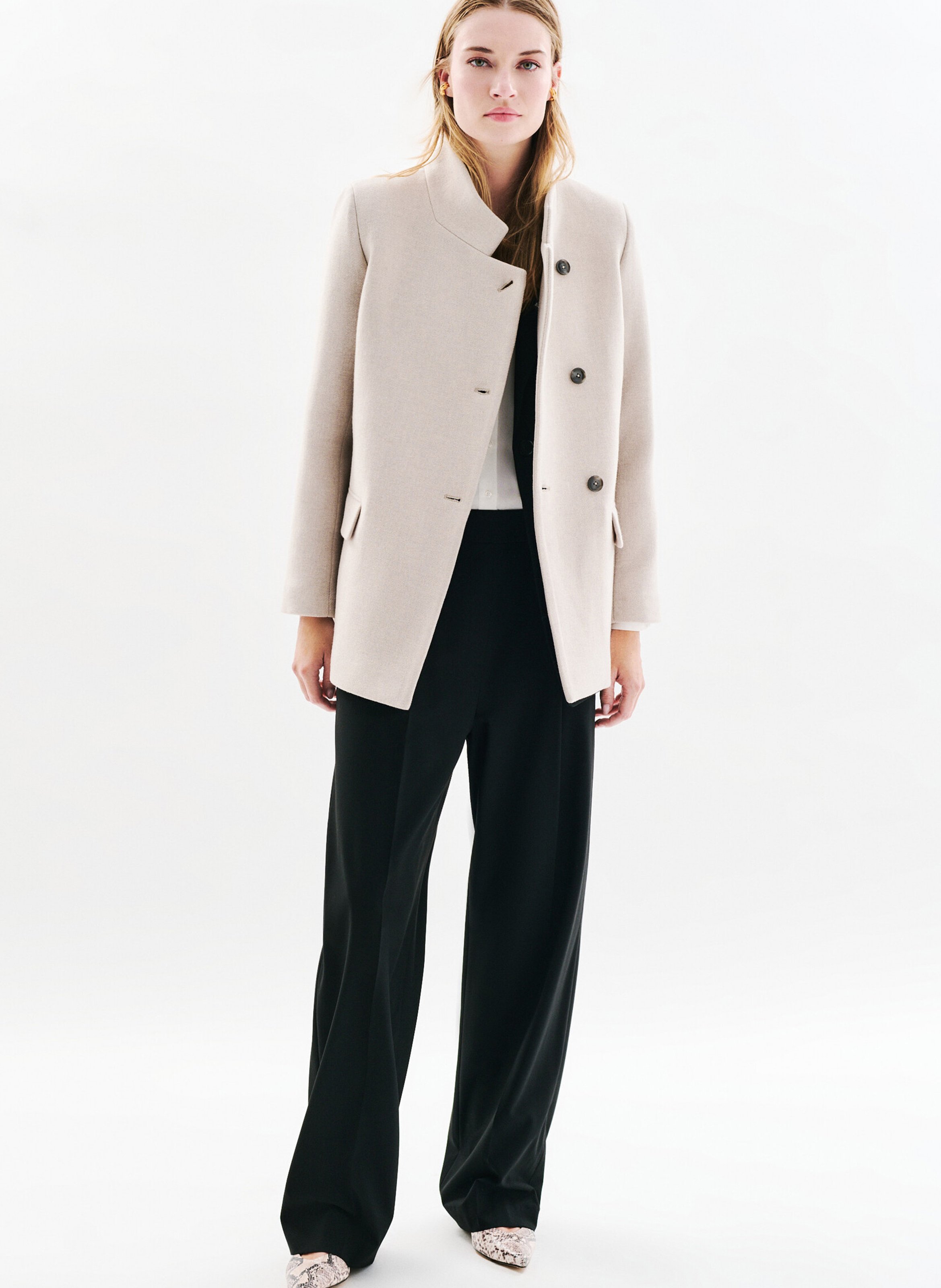 Manteau droit en laine recyclée mélangée CAROLL Gris