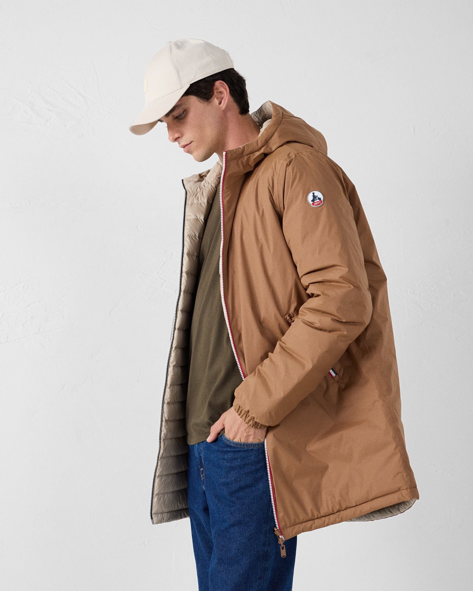 Reversible long jacket in brown sugar/beige. JOTT Brown