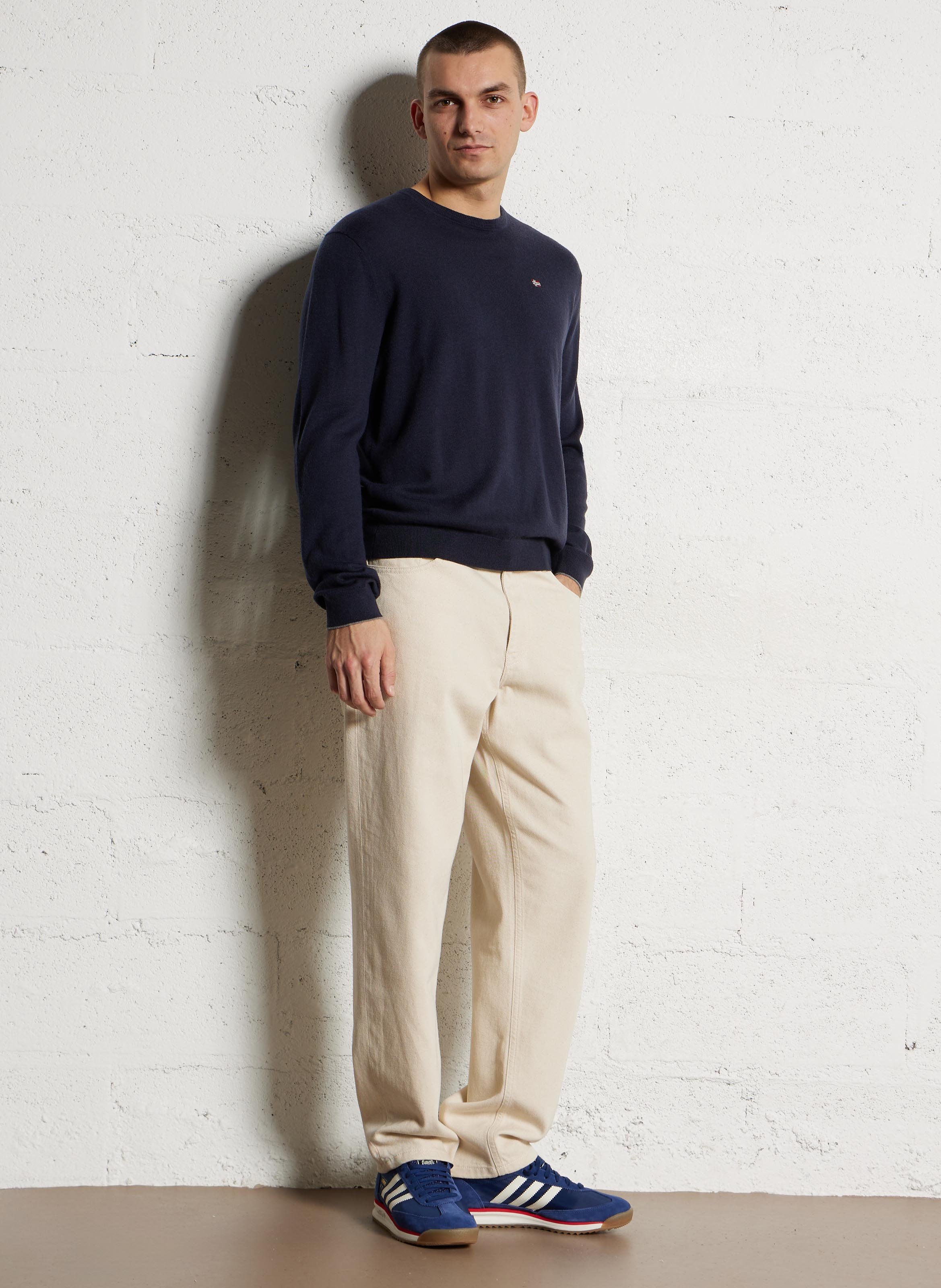 Pull droit col rond brodé en laine NAPAPIJRI Bleu