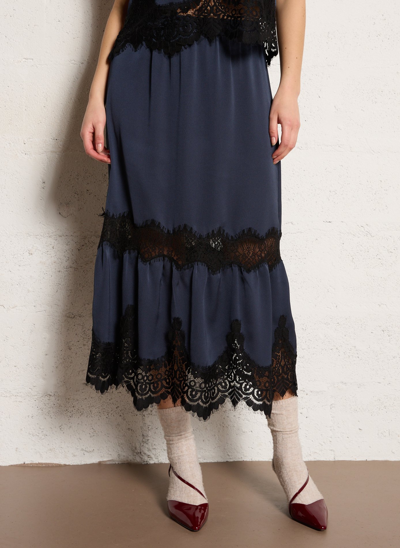 Jupe midi inserts dentelle STELLA NOVA Bleu