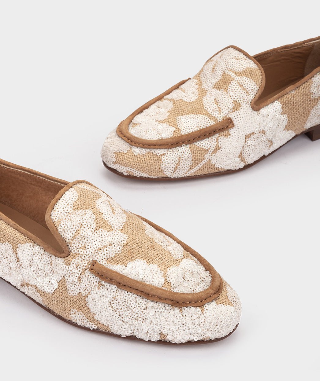 Leather and fabric moccasins with white sequins. PEDRO MIRALLES Brown