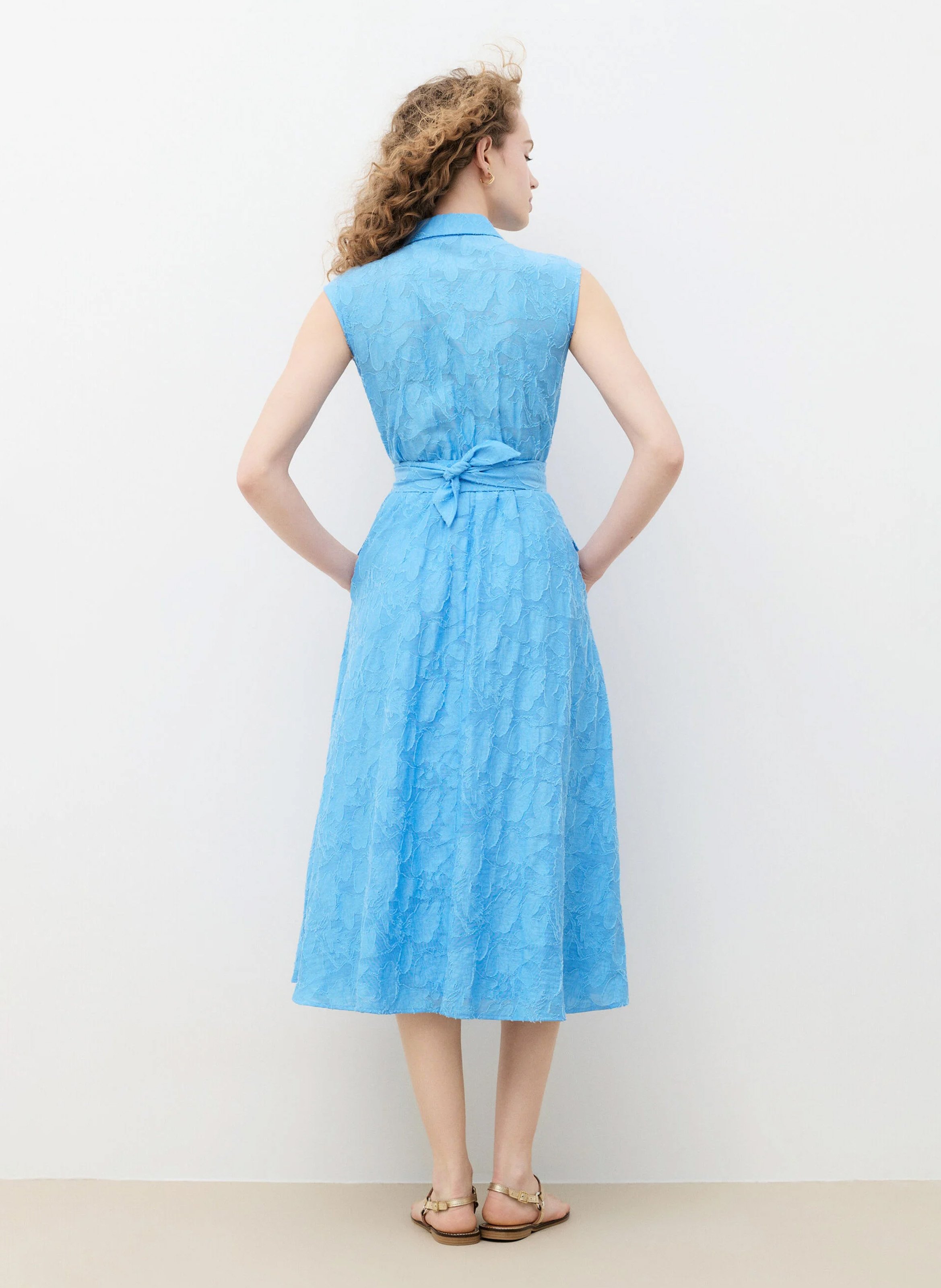 Robe midi ceinturée en coton mélangé CAROLL Bleu