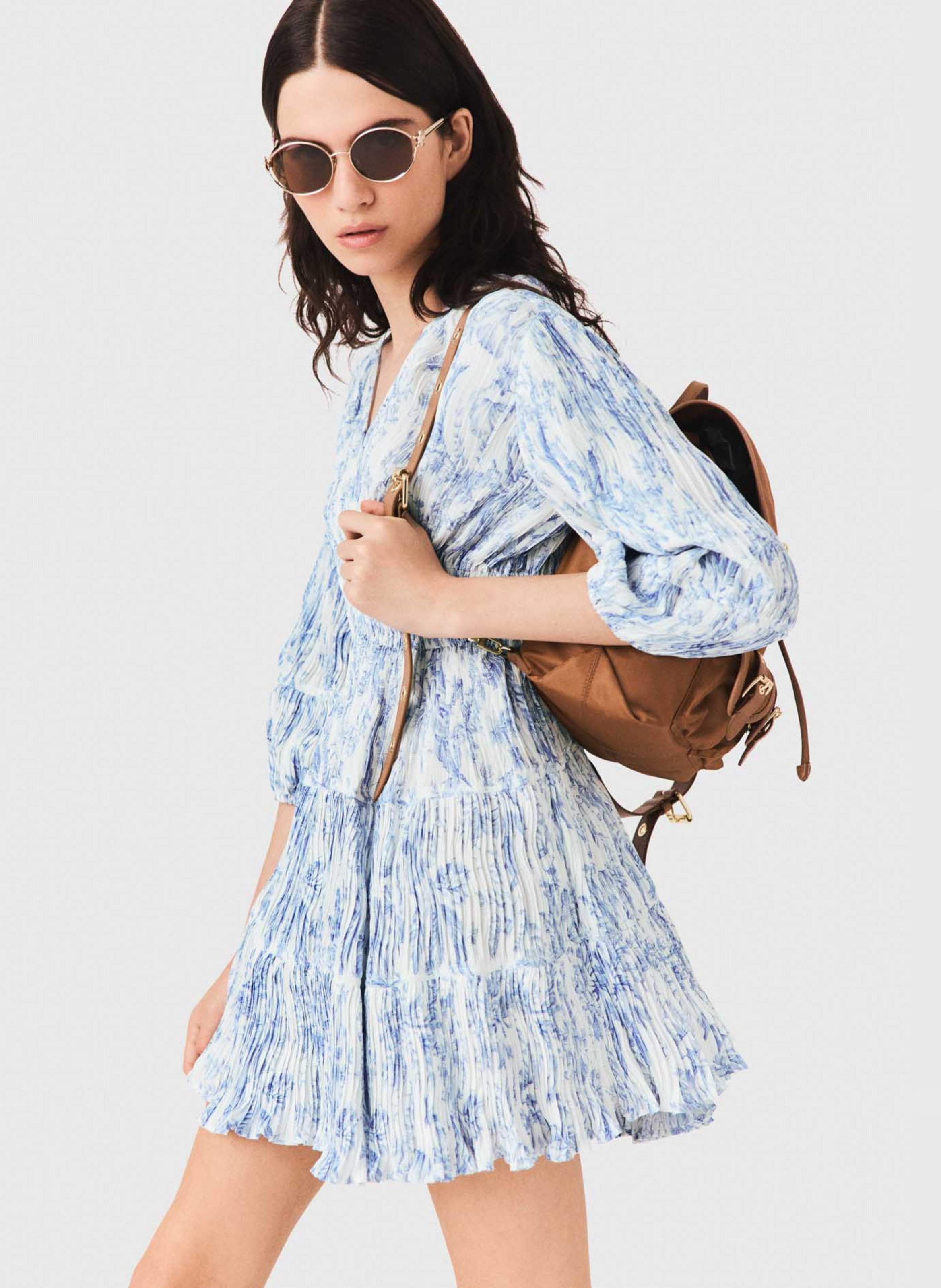 Robe courte col V imprimée MAJE Bleu