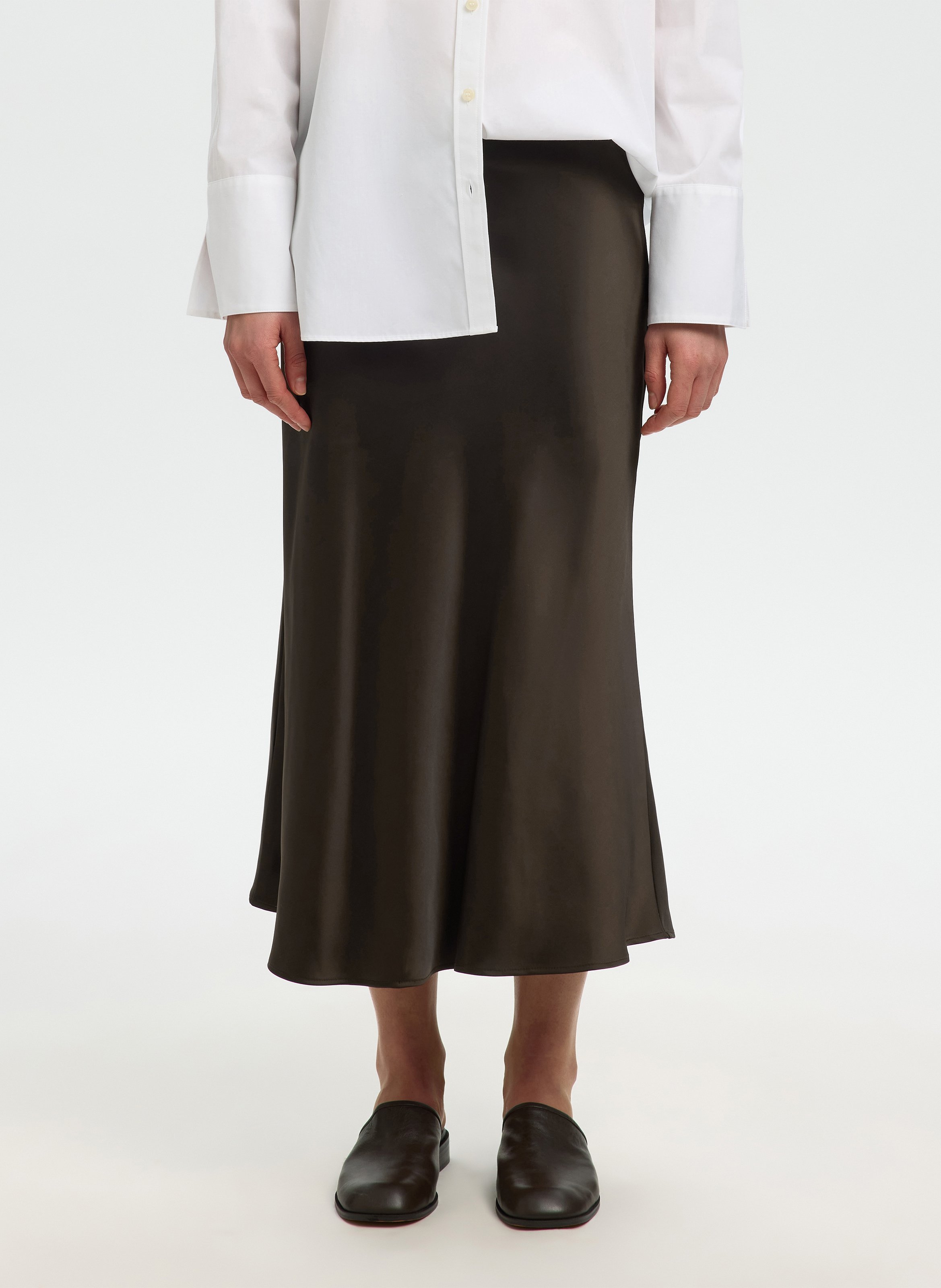 Jupe midi évasée en satin SELECTED Marron