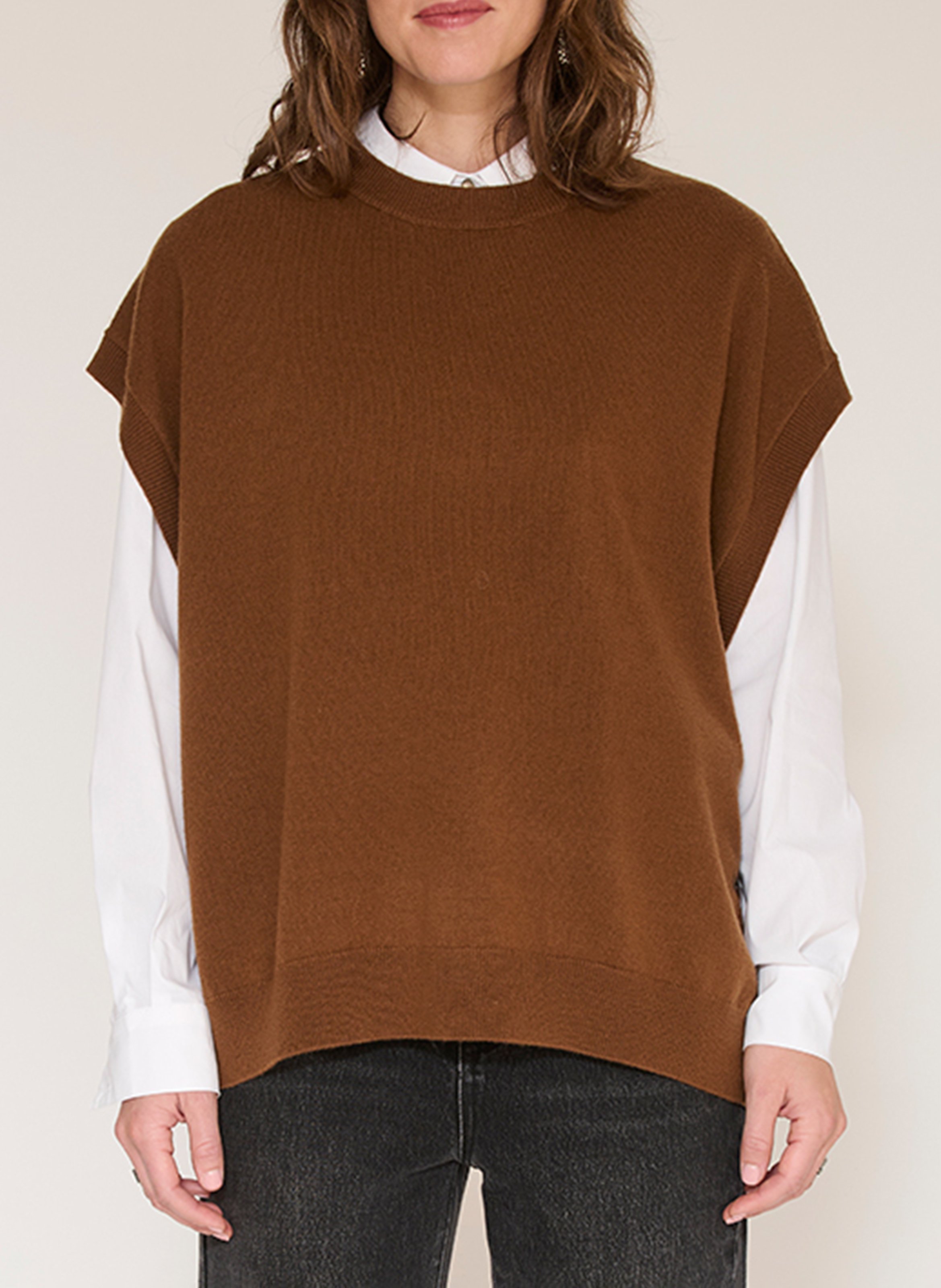 Pull ample sans manches en laine MKT Marron