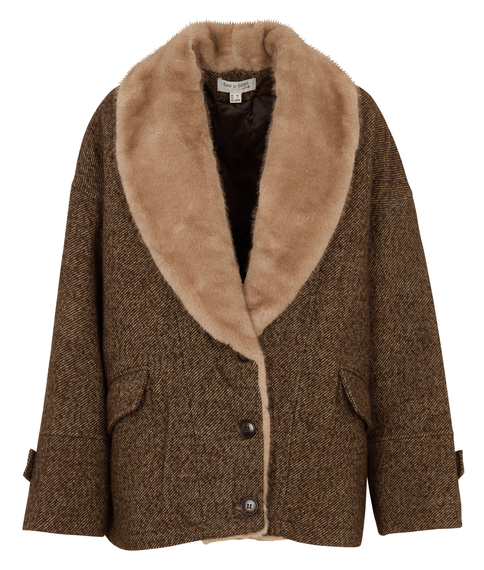 Gerader Mantel mit Kragen in Felloptik aus Wollmix SEE U SOON Khaki