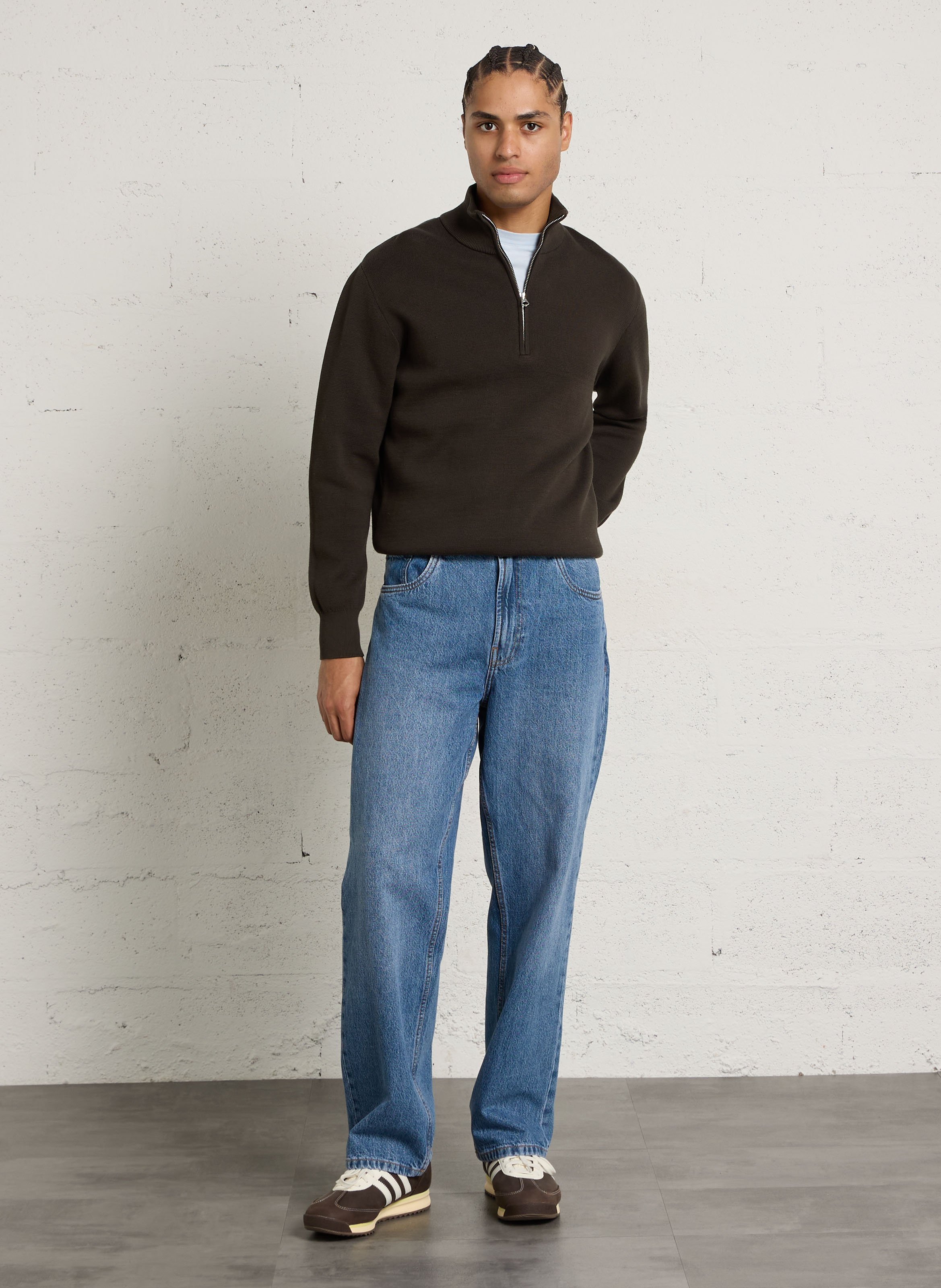 Pull droit col montant zippé en coton  SCHOTT Kaki