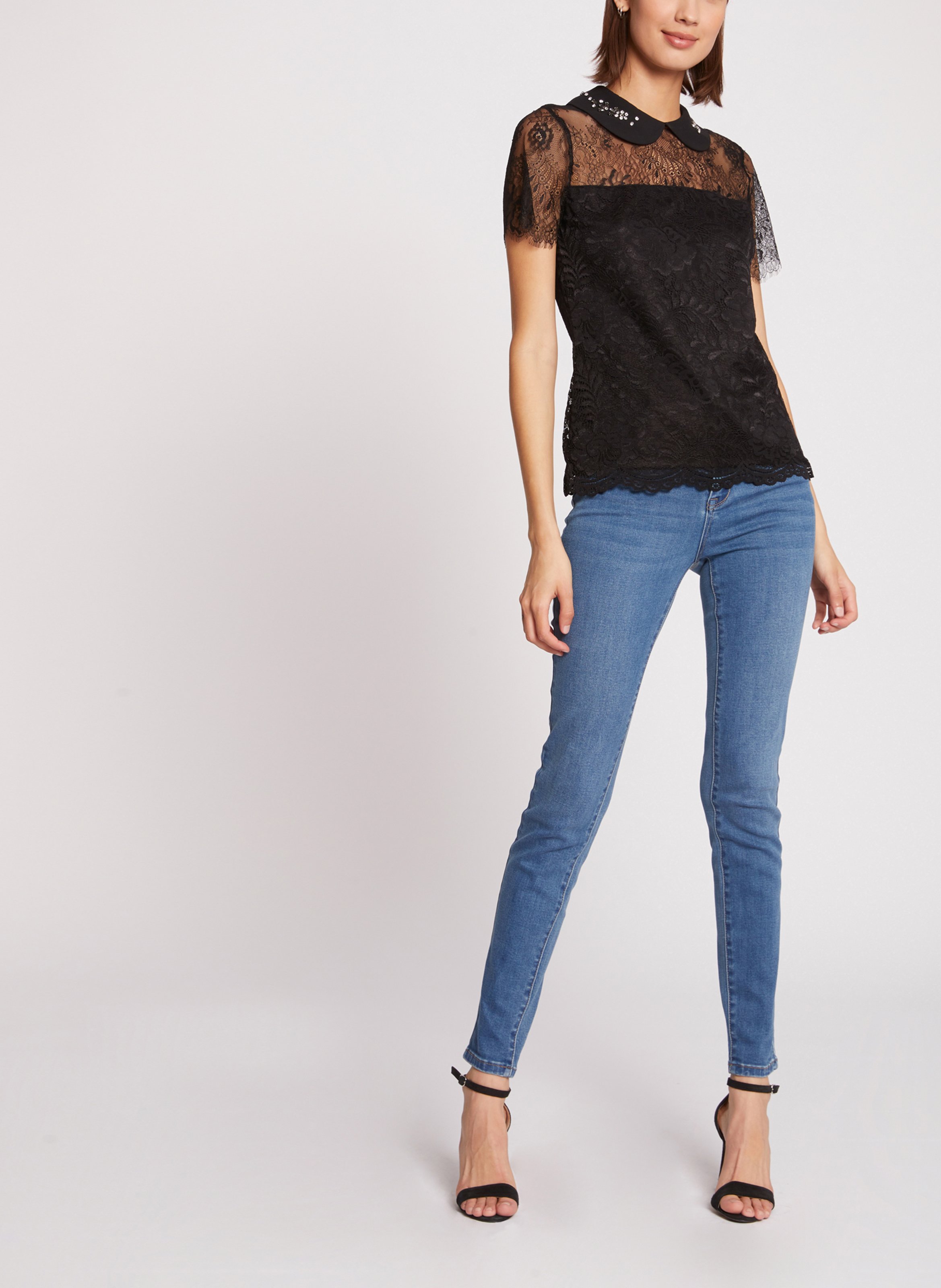 Lace top with Peter Pan collar MORGAN Black