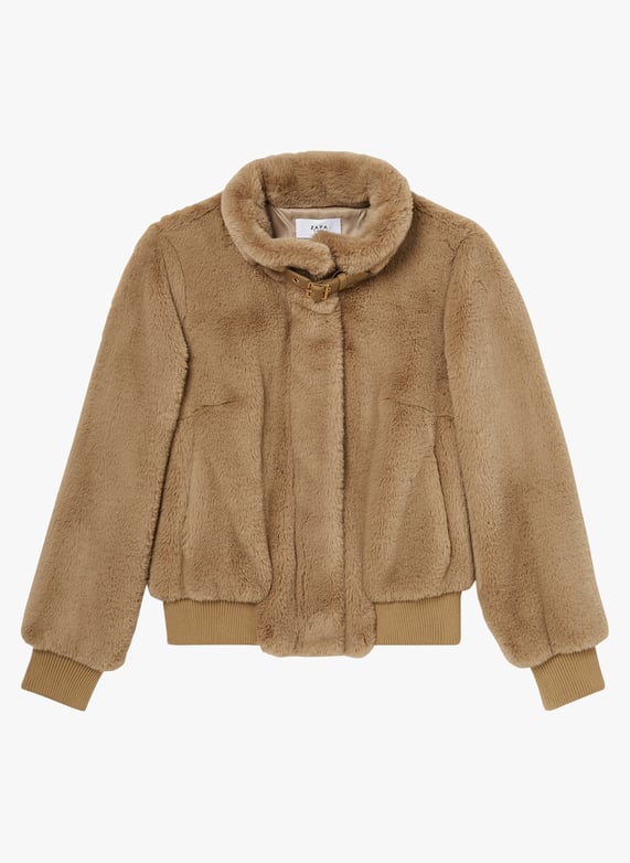 Veste courte col montant en fausse fourrure Marron