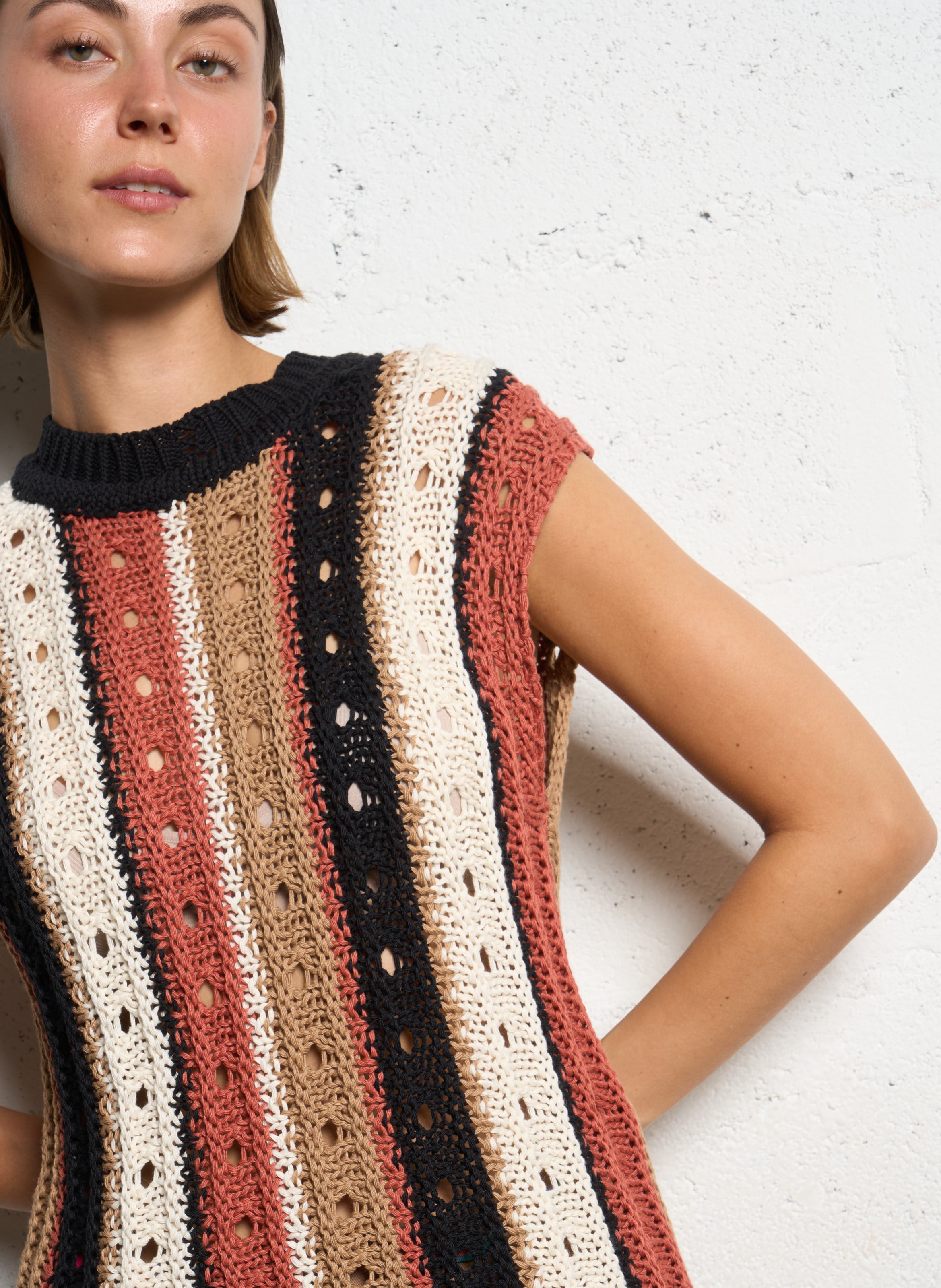 Pull sans manches rayé à franges Multicolore