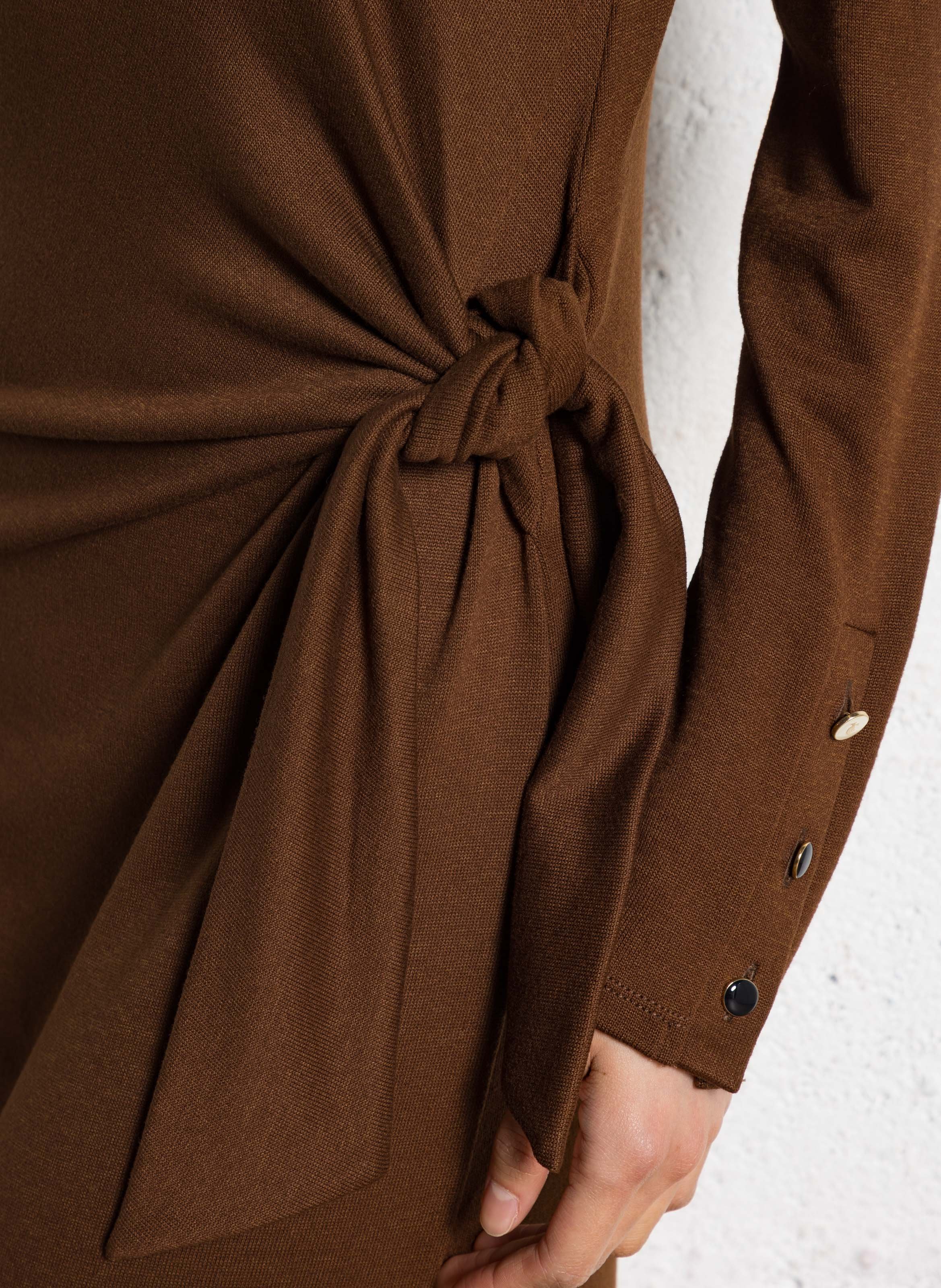 Solid color draped waist slit midi dress I CODE Brown