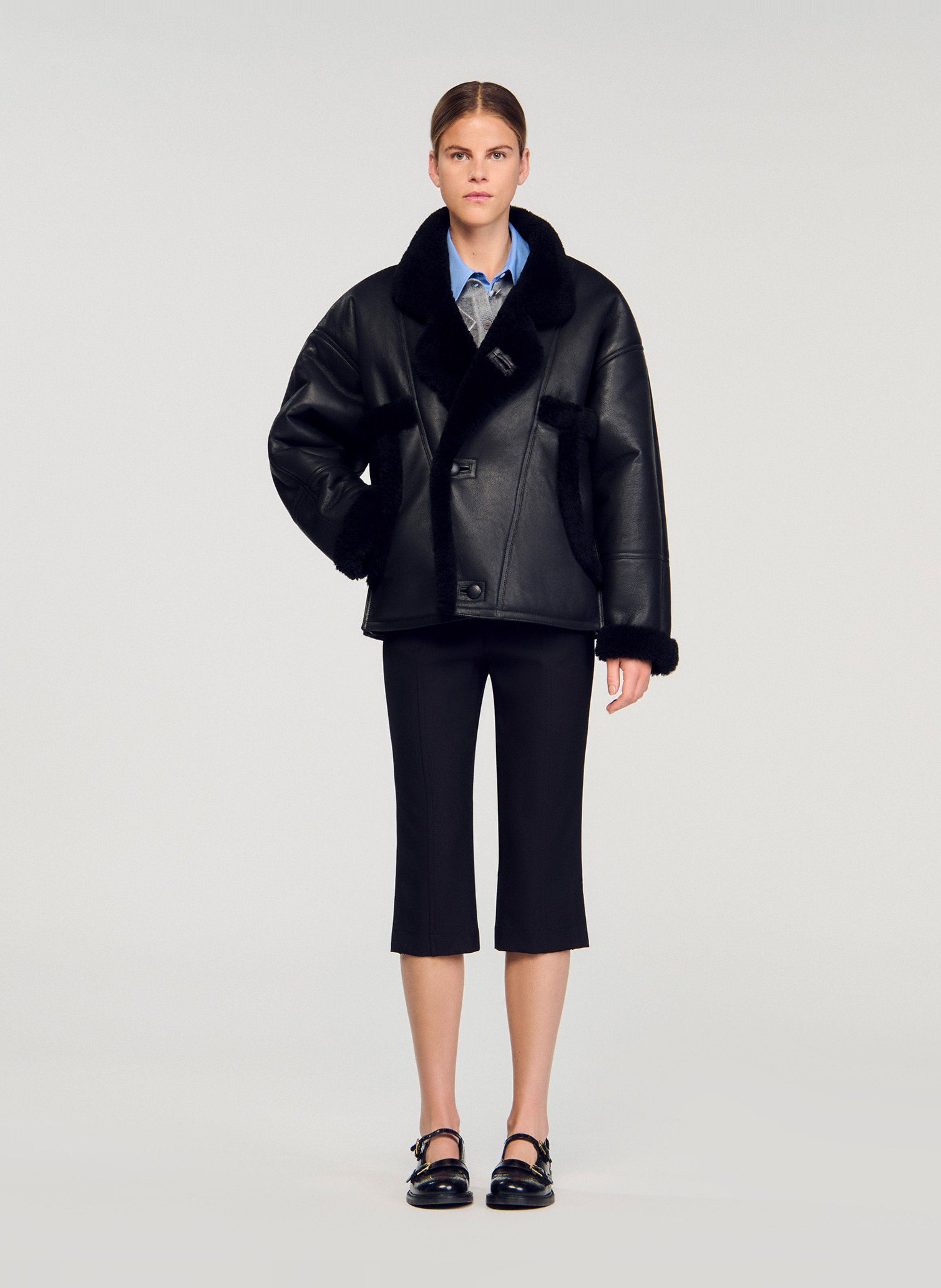 Oversized leren jas met knopen SANDRO Zwart