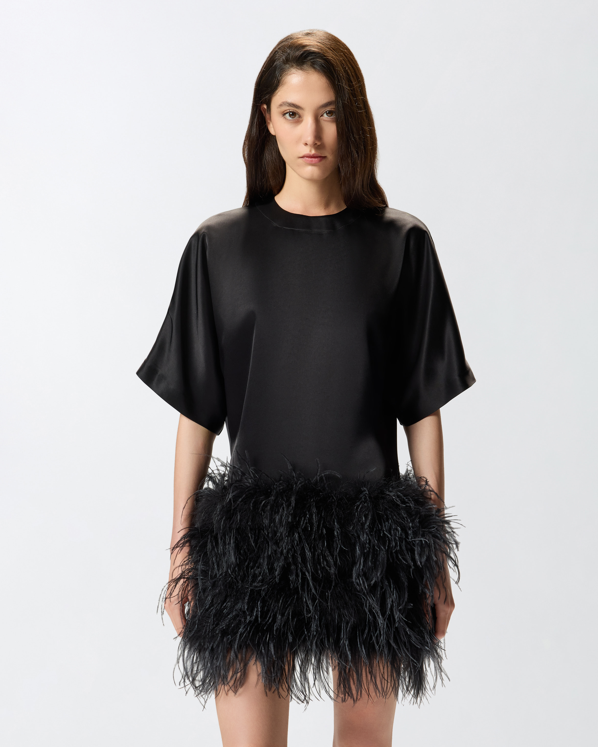 Shiny satin evening dress with feathers PINKO Black