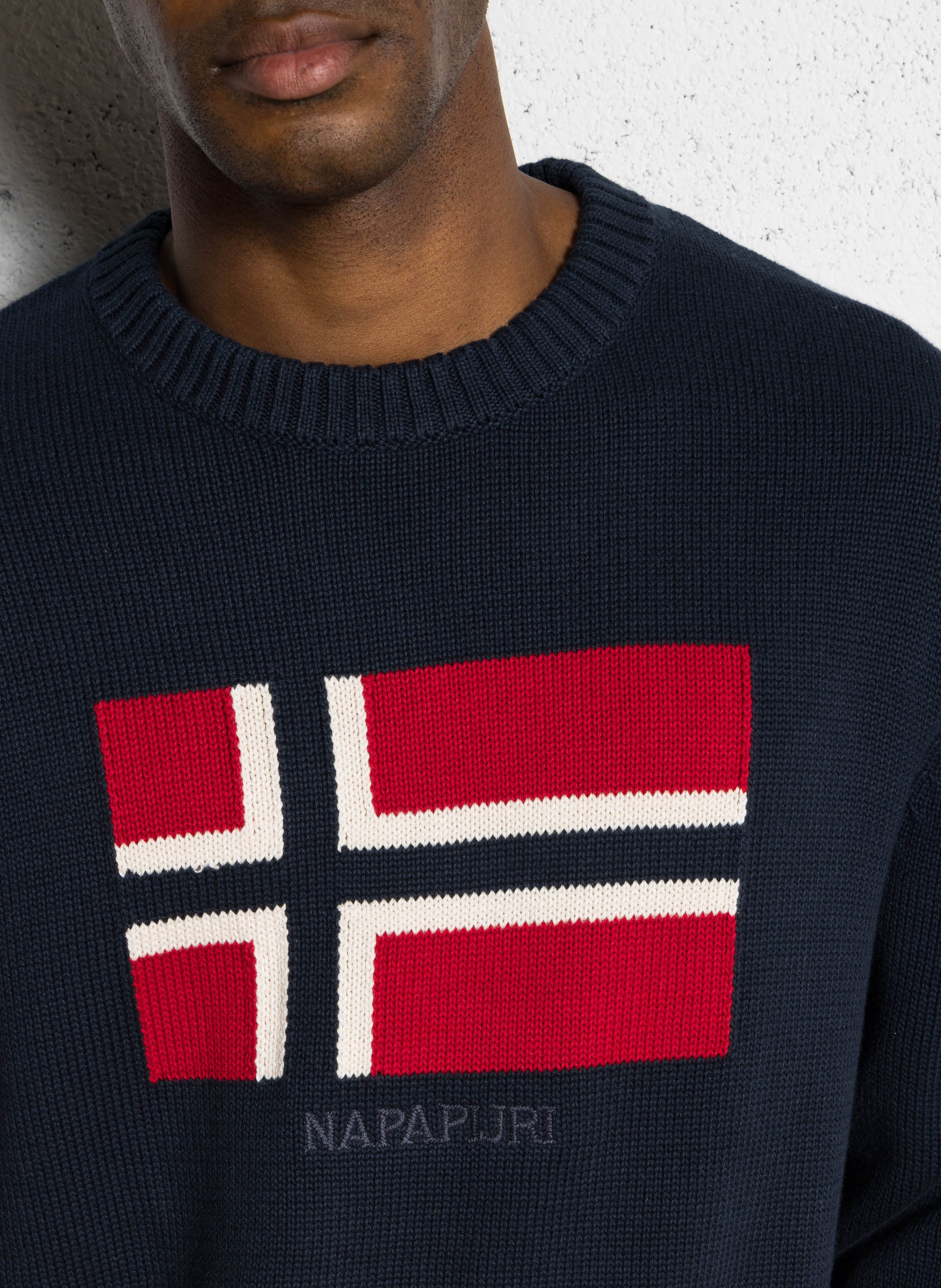 Pull ample col rond jacquard en coton NAPAPIJRI Bleu