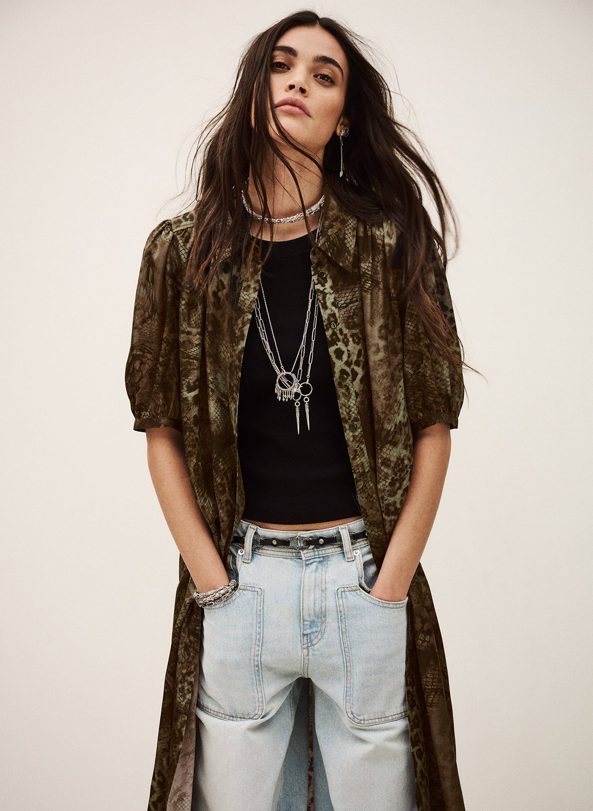 Robe longue col classique imprimée BA&SH Kaki