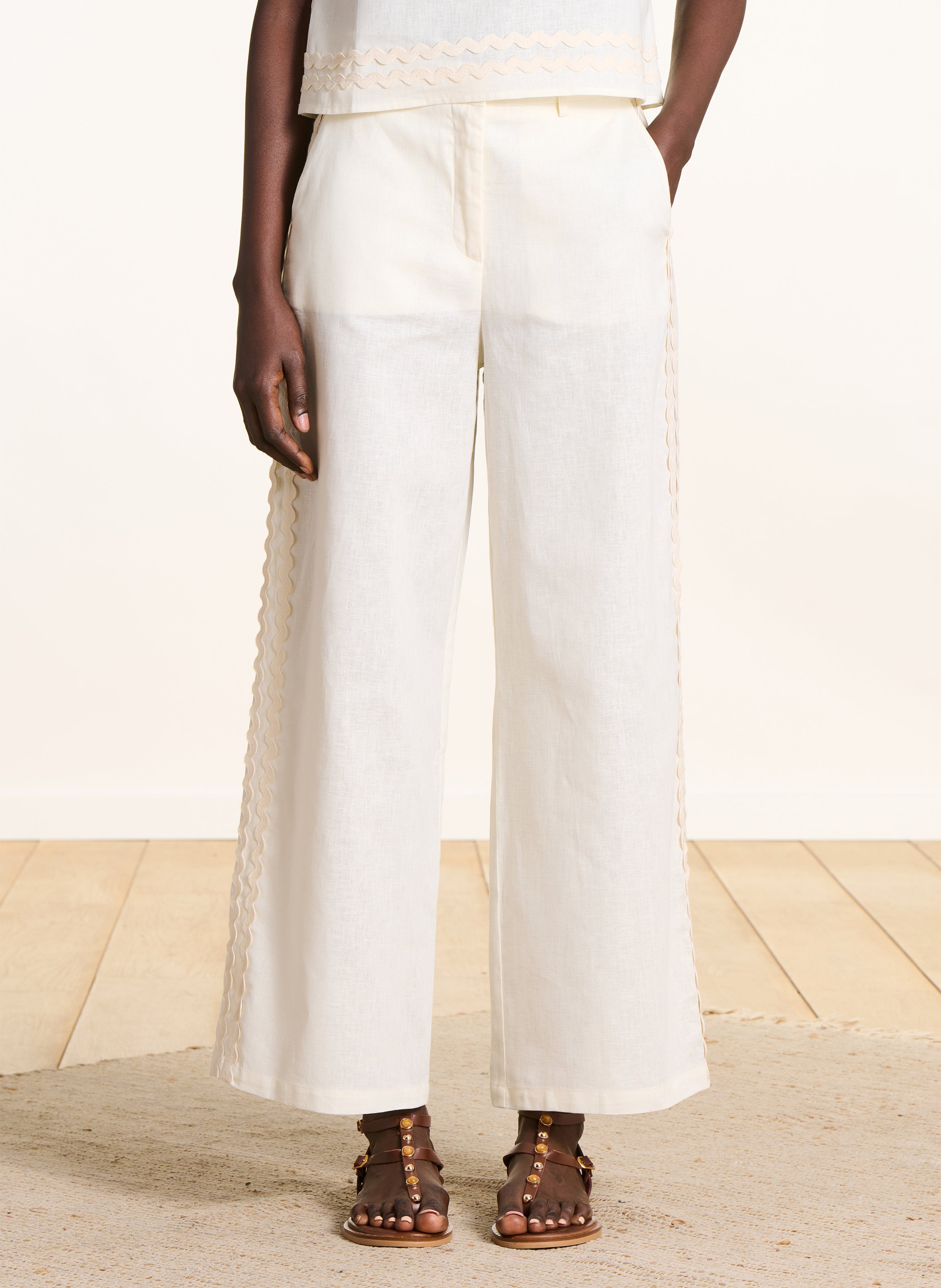 Broek met wijde pijpen van katoen en linnen LA FEE MARABOUTEE Wit